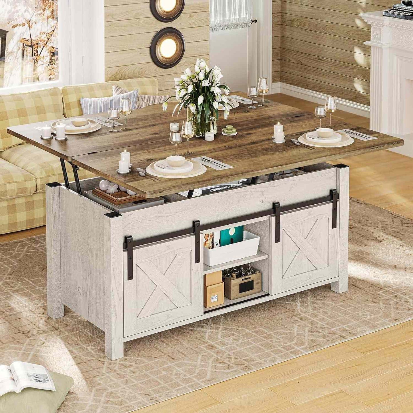 4 in 1 Multi-Function Lift Top Coffee Table with Storage and Hidden Compartment White