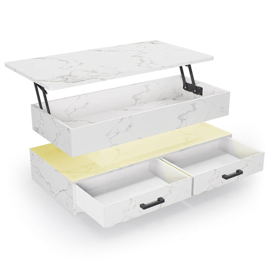 40 Inches Lift Top Coffee Table with 2 Drawers and LED Lights White Marble