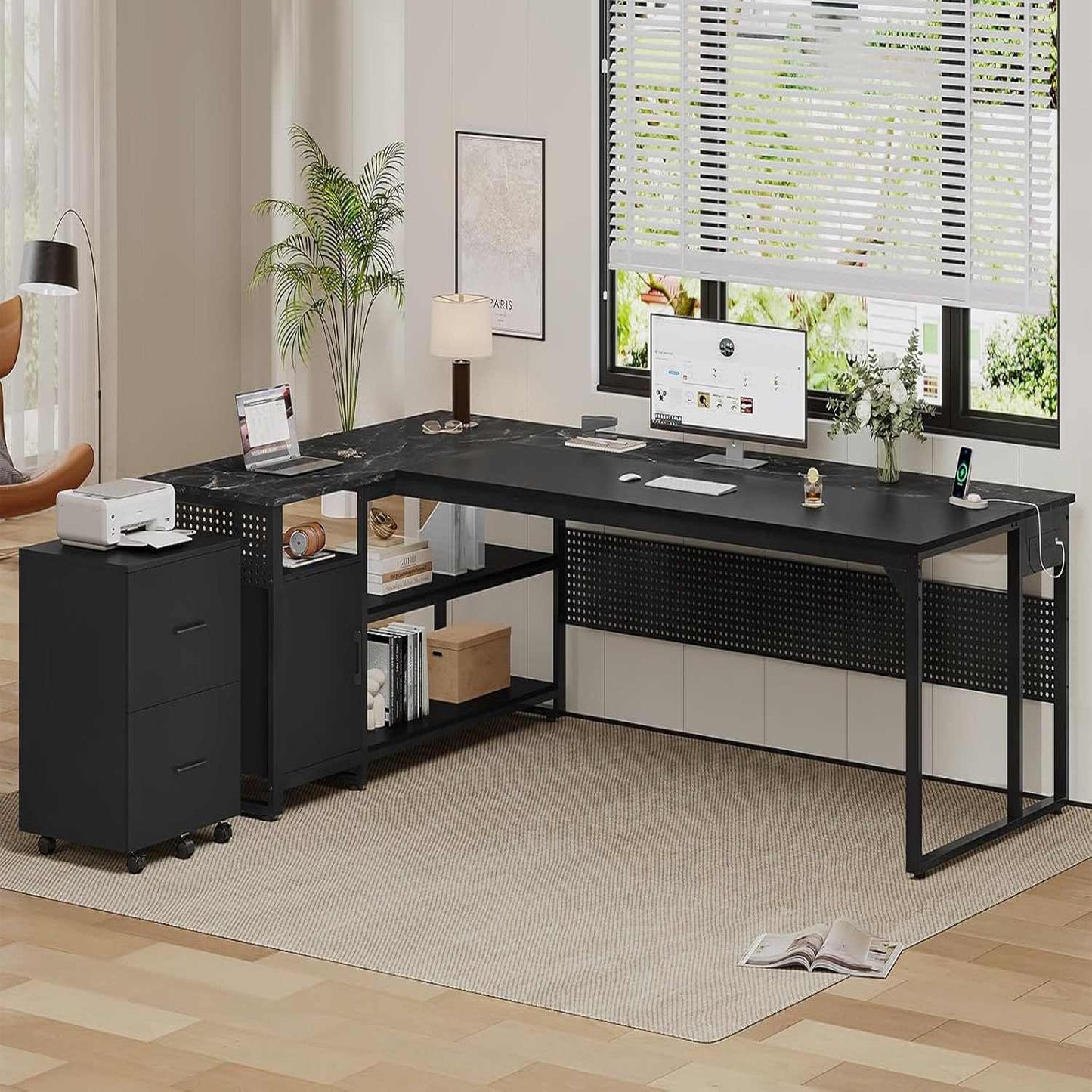 71 in Reversible L Shaped Executive Desk with Mobile File Cabinet and Power Outlets Black