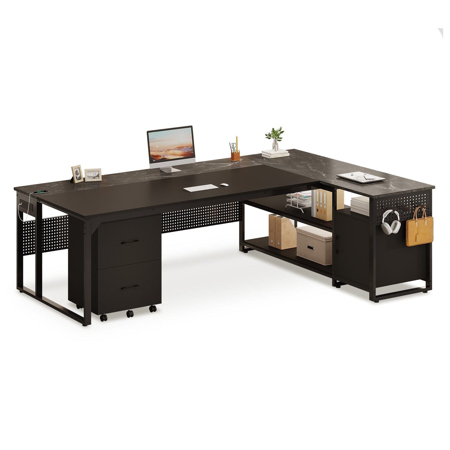 71 in Reversible L Shaped Executive Desk with Mobile File Cabinet and Power Outlets Black