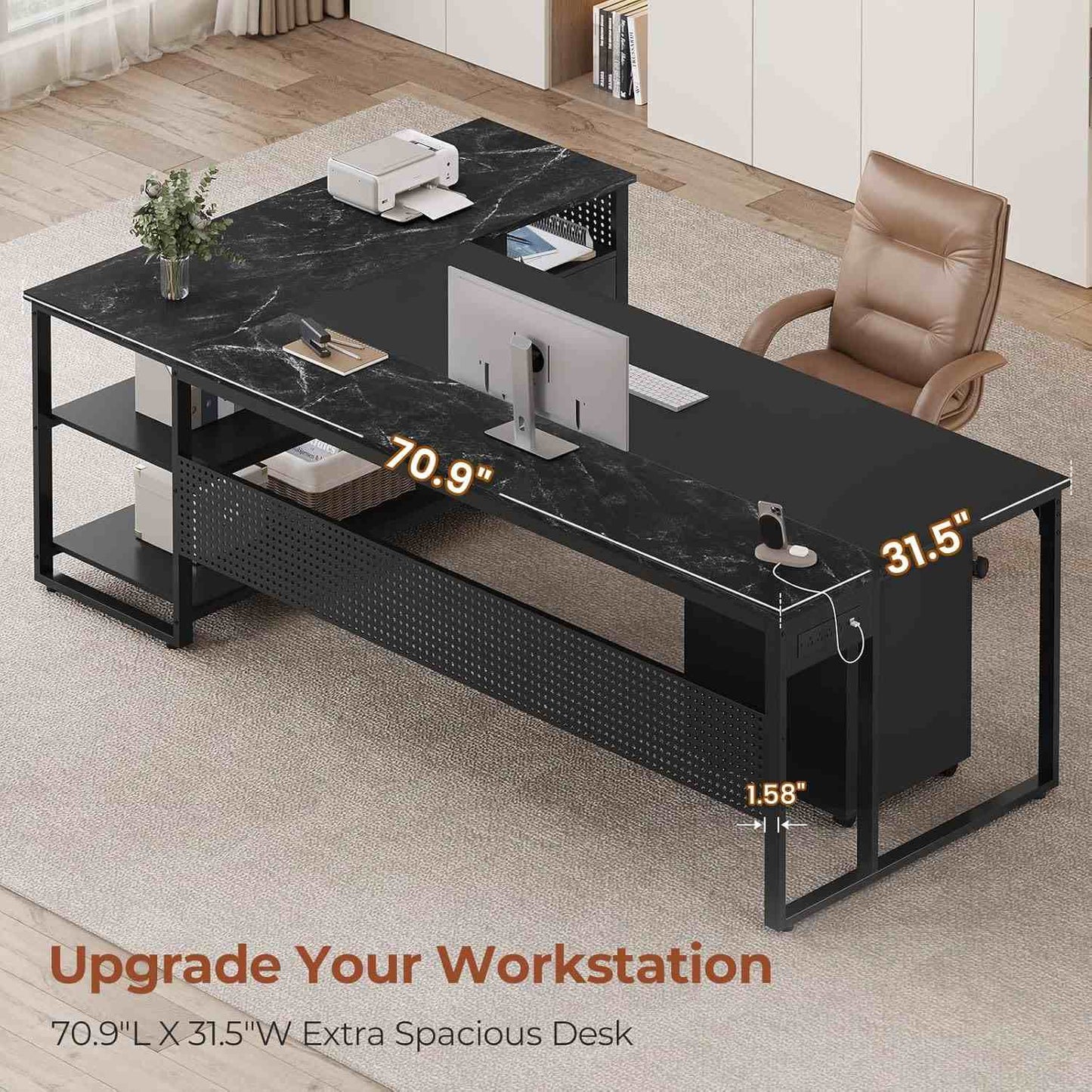 71 in Reversible L Shaped Executive Desk with Mobile File Cabinet and Power Outlets Black