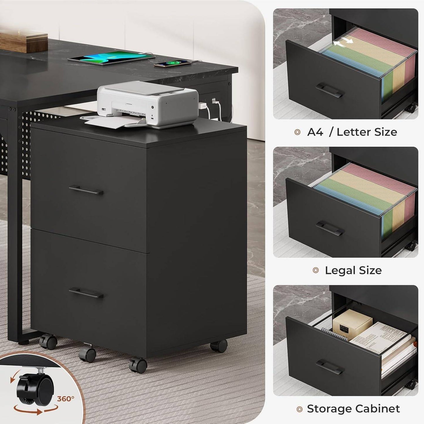 71 in Reversible L Shaped Executive Desk with Mobile File Cabinet and Power Outlets Black