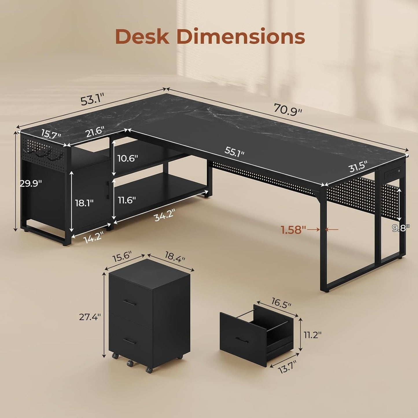 71 in Reversible L Shaped Executive Desk with Mobile File Cabinet and Power Outlets Black