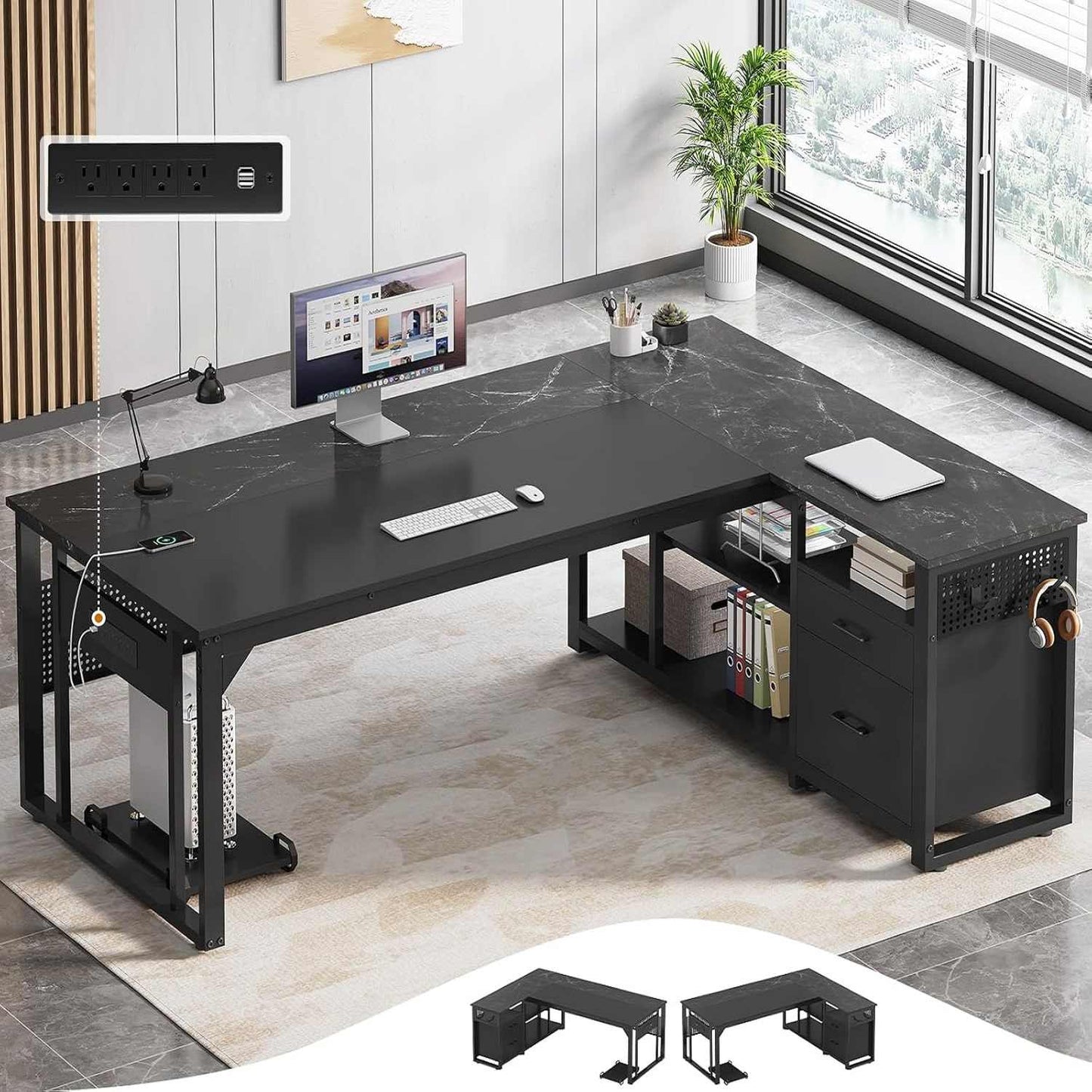 71 in Reversible L Shaped Executive Desk with Power Outlets Black