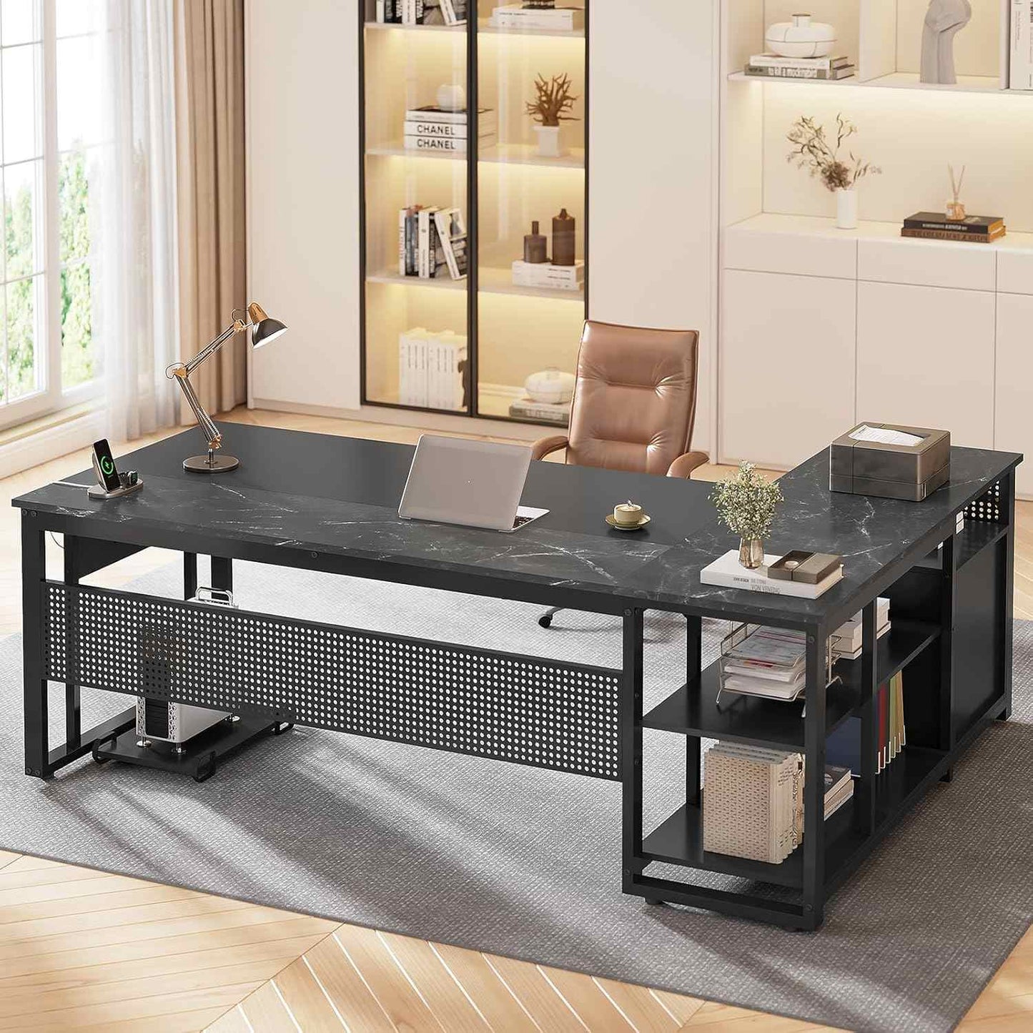 71 in Reversible L Shaped Executive Desk with Power Outlets Black