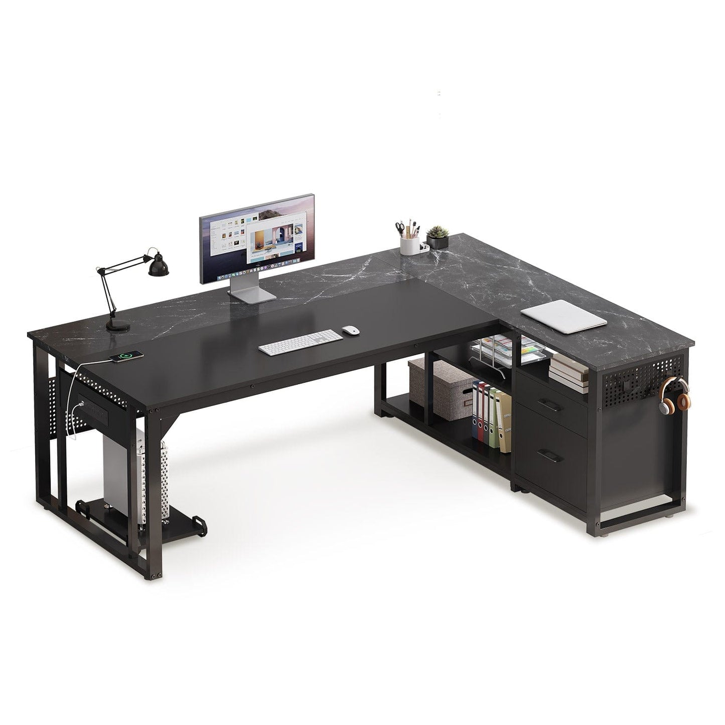 71 in Reversible L Shaped Executive Desk with Power Outlets Black