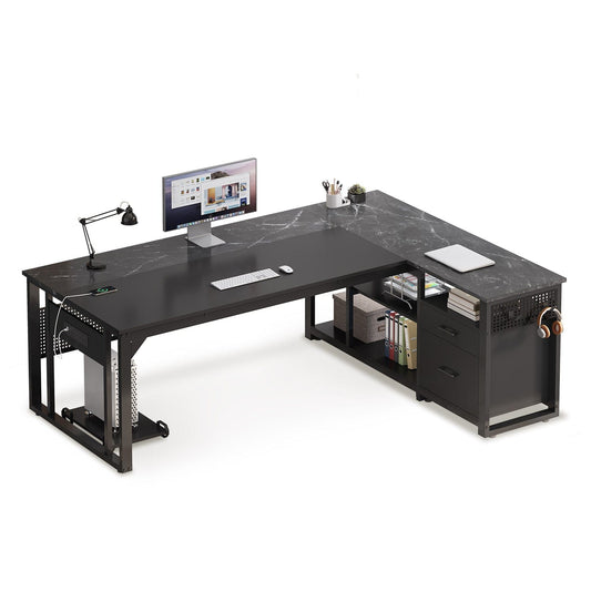 71 in Reversible L Shaped Executive Desk with Power Outlets Black