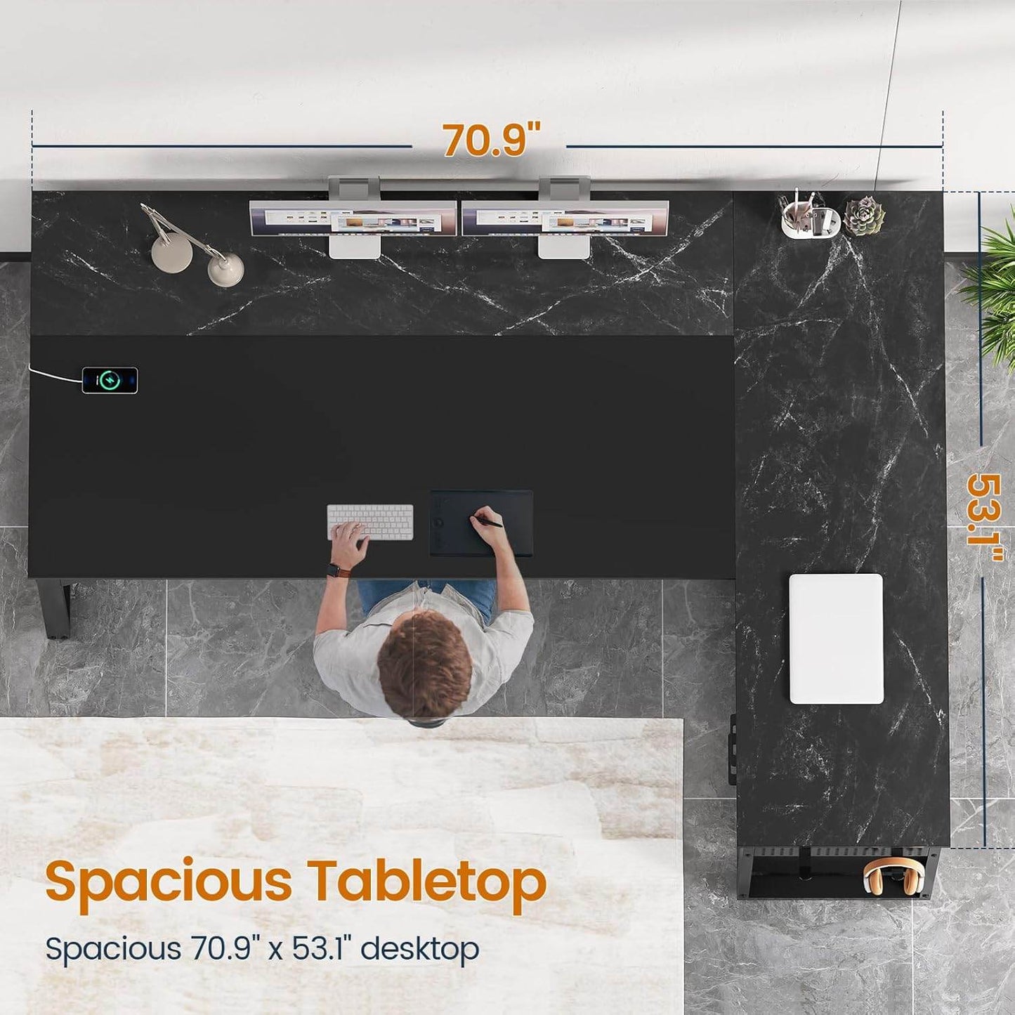 71 in Reversible L Shaped Executive Desk with Power Outlets Black