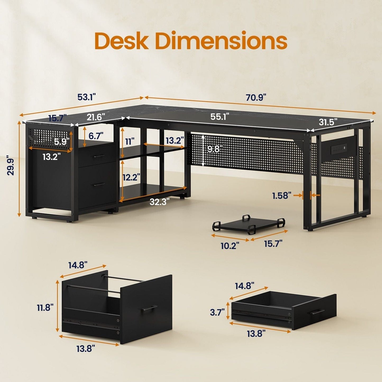 71 in Reversible L Shaped Executive Desk with Power Outlets Black