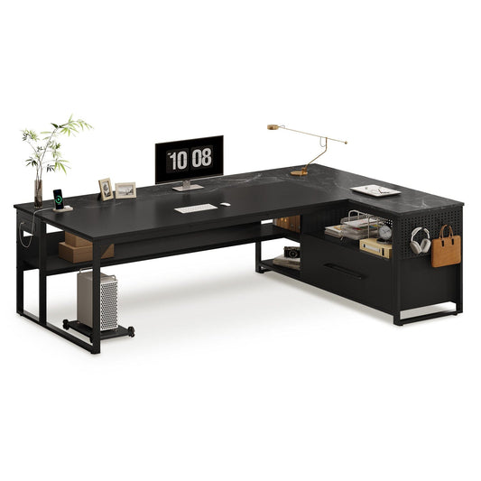 71 in Reversible L Shaped Executive Desk with Widen File Drawers and Power Outlets Black
