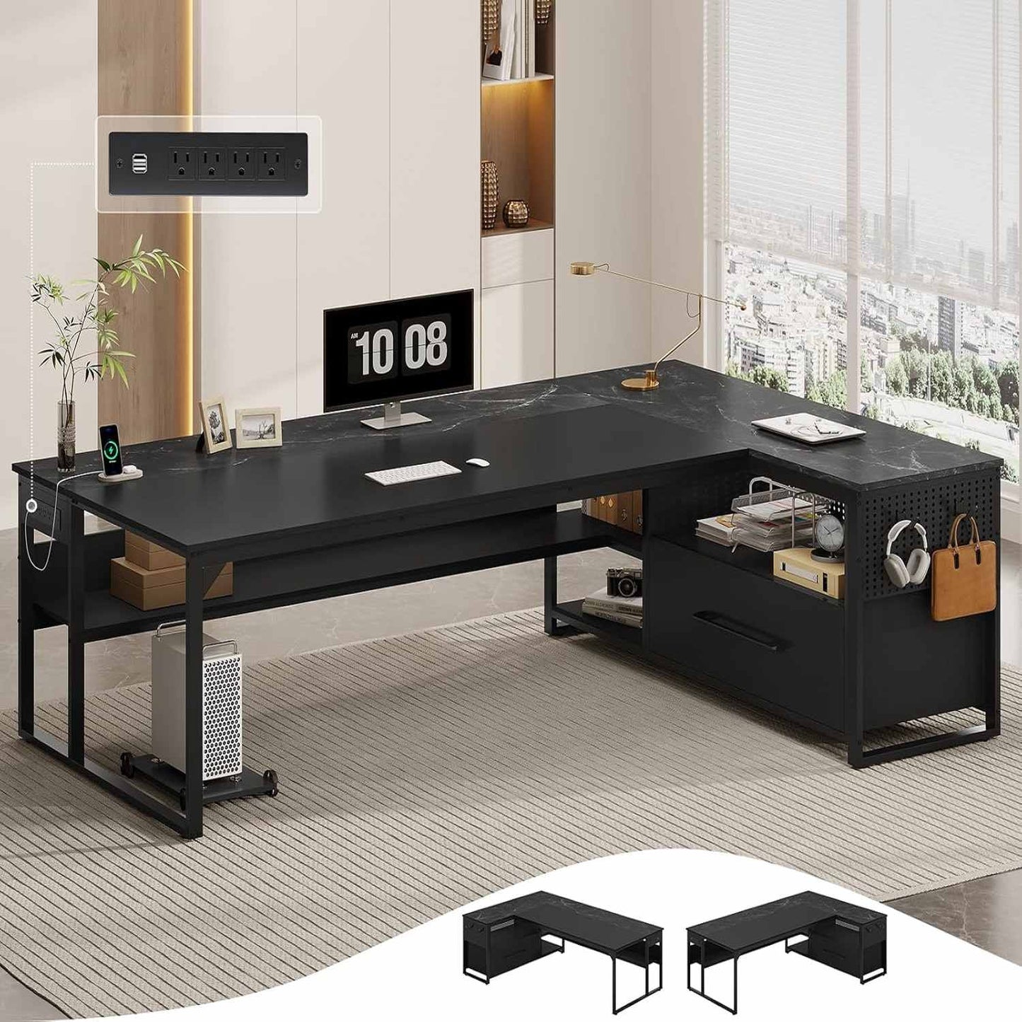 71 in Reversible L Shaped Executive Desk with Widen File Drawers and Power Outlets Black