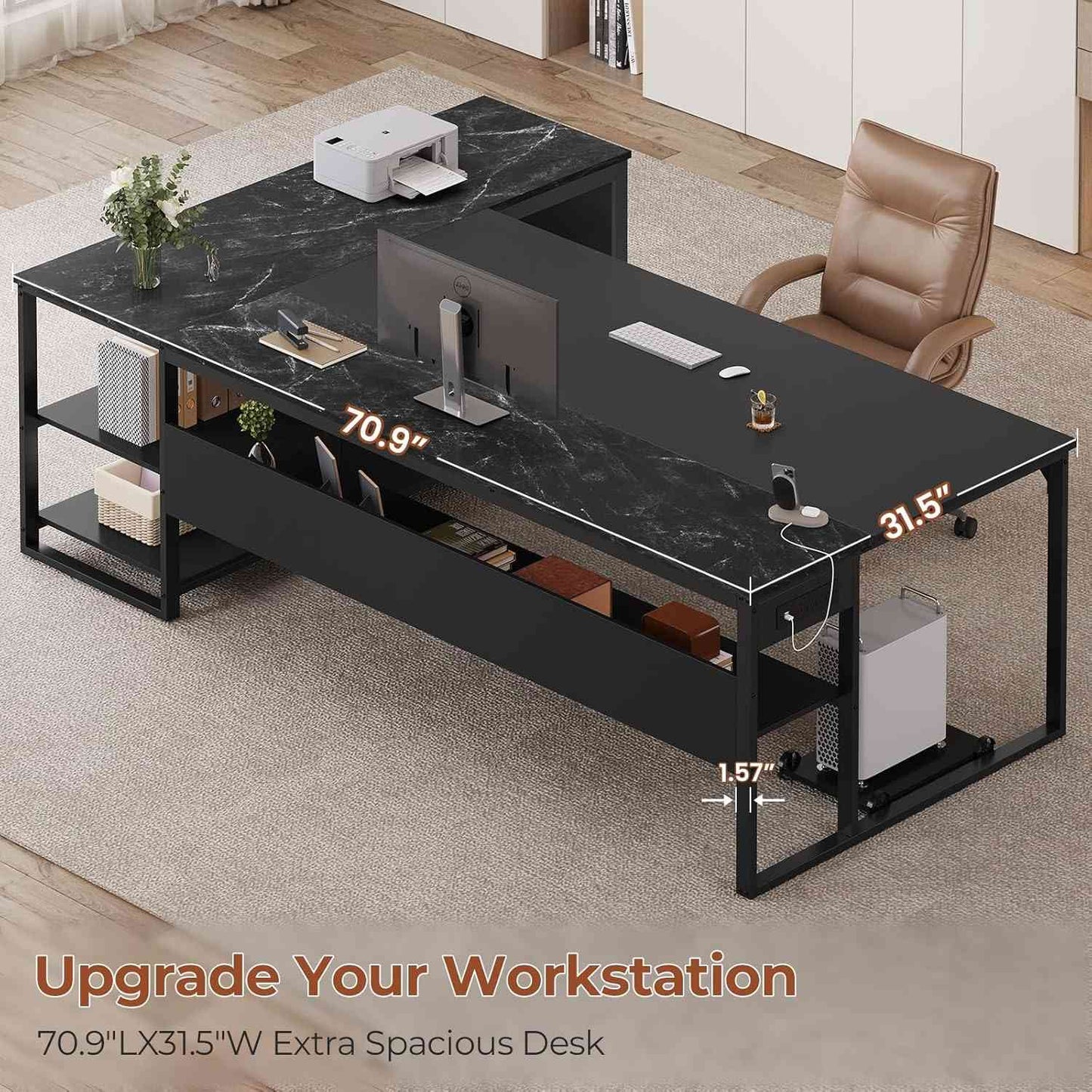71 in Reversible L Shaped Executive Desk with Widen File Drawers and Power Outlets Black