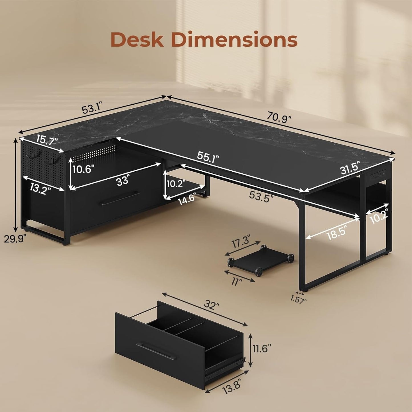 71 in Reversible L Shaped Executive Desk with Widen File Drawers and Power Outlets Black