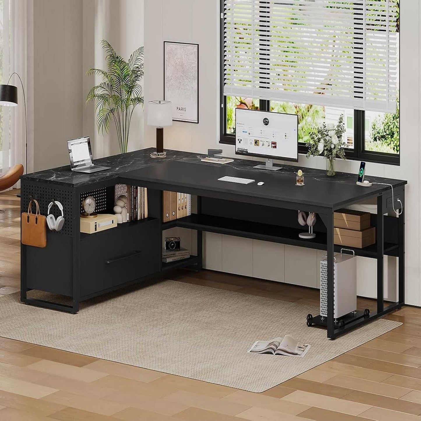 71 in Reversible L Shaped Executive Desk with Widen File Drawers and Power Outlets Black