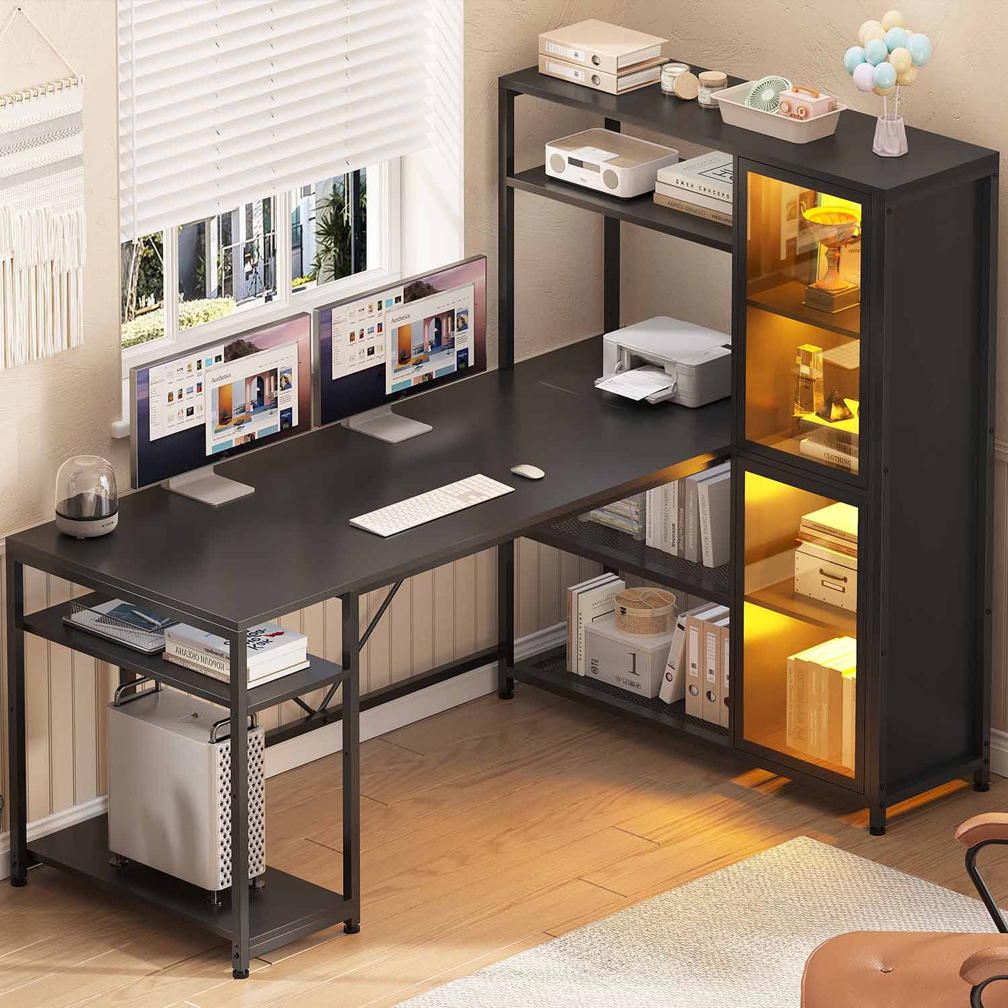 59 Inches LED L Shaped Gaming Desk with Storage Shelves Black