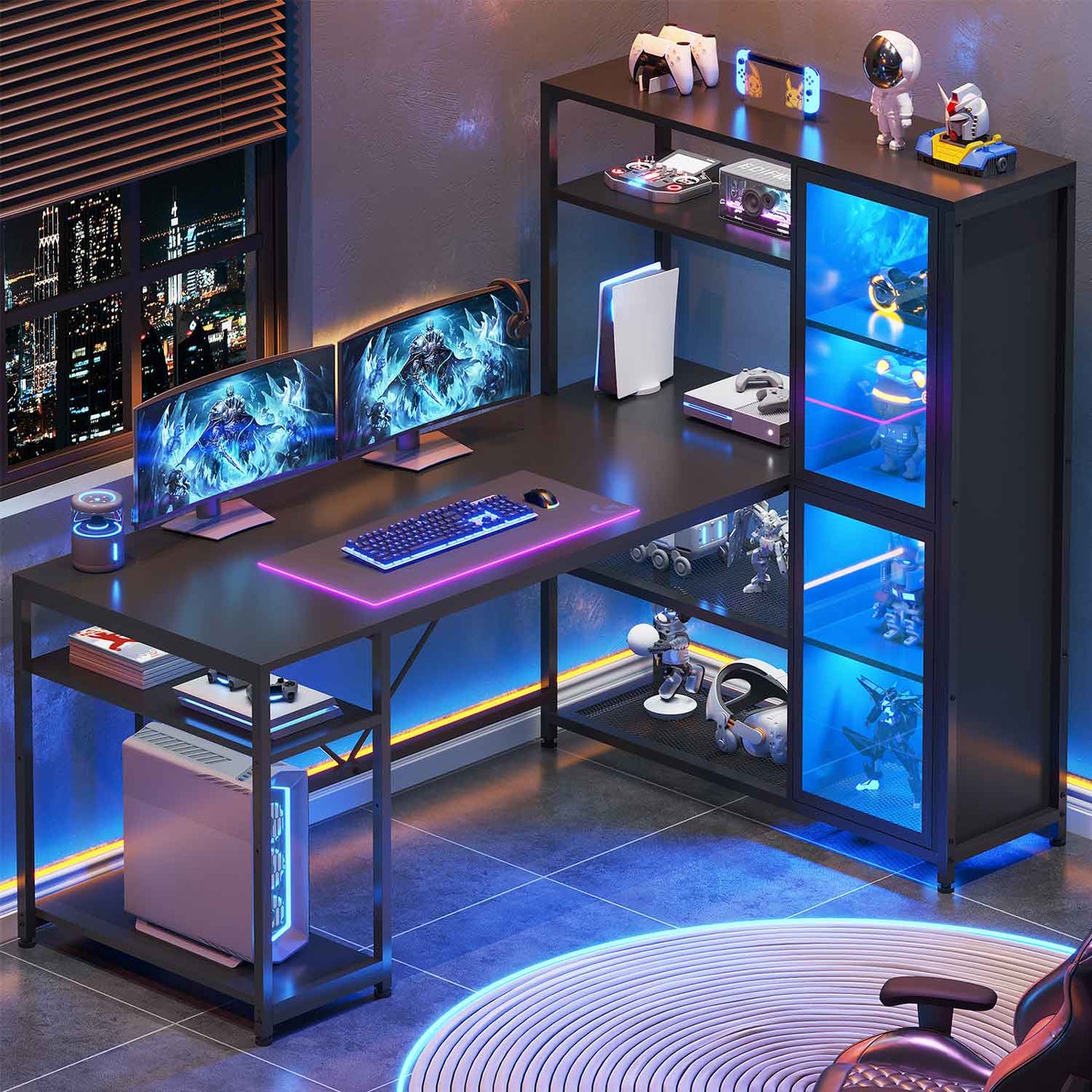 59 Inches LED L Shaped Gaming Desk with Storage Shelves Black
