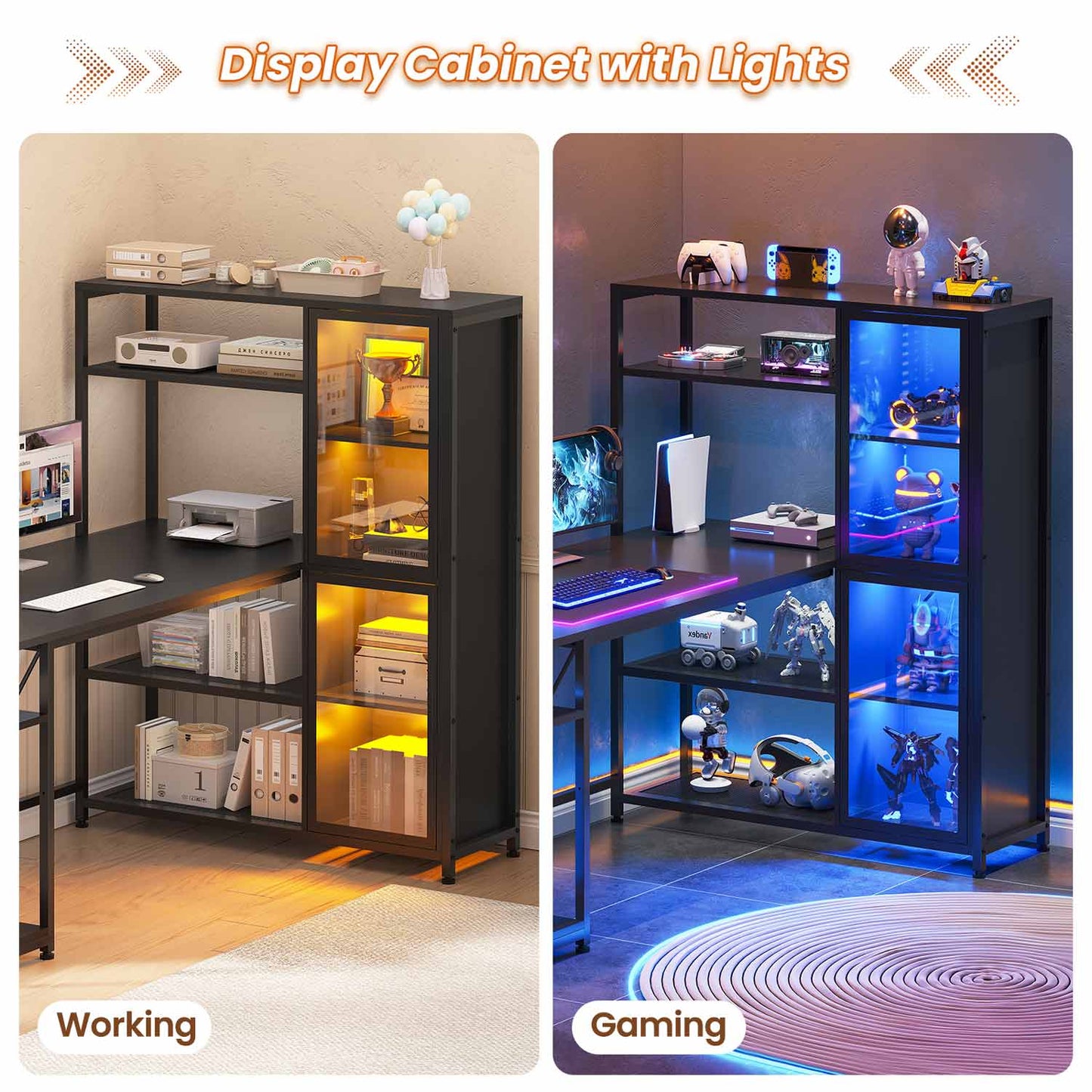 59 Inches LED L Shaped Gaming Desk with Storage Shelves Black