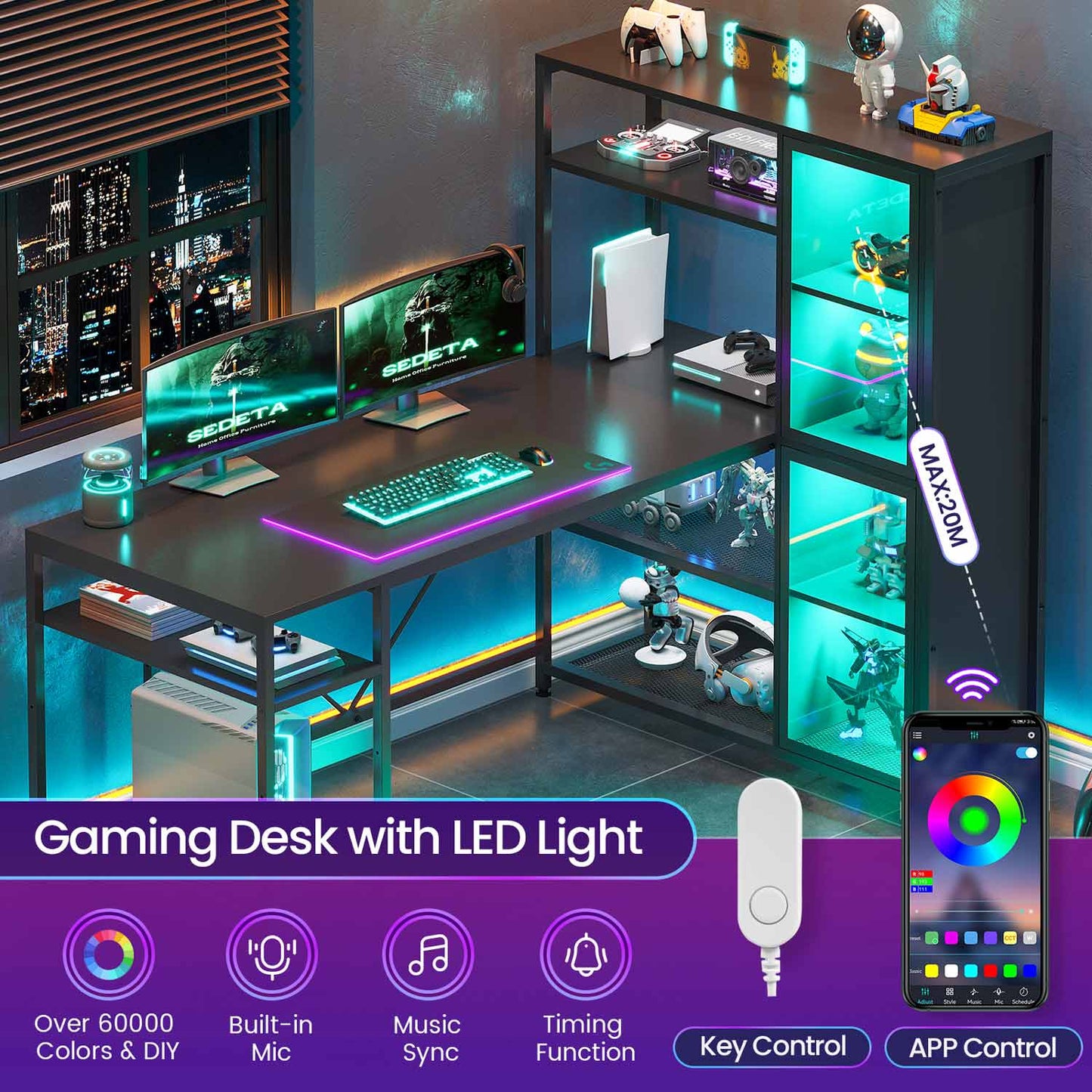 59 Inches LED L Shaped Gaming Desk with Storage Shelves Black