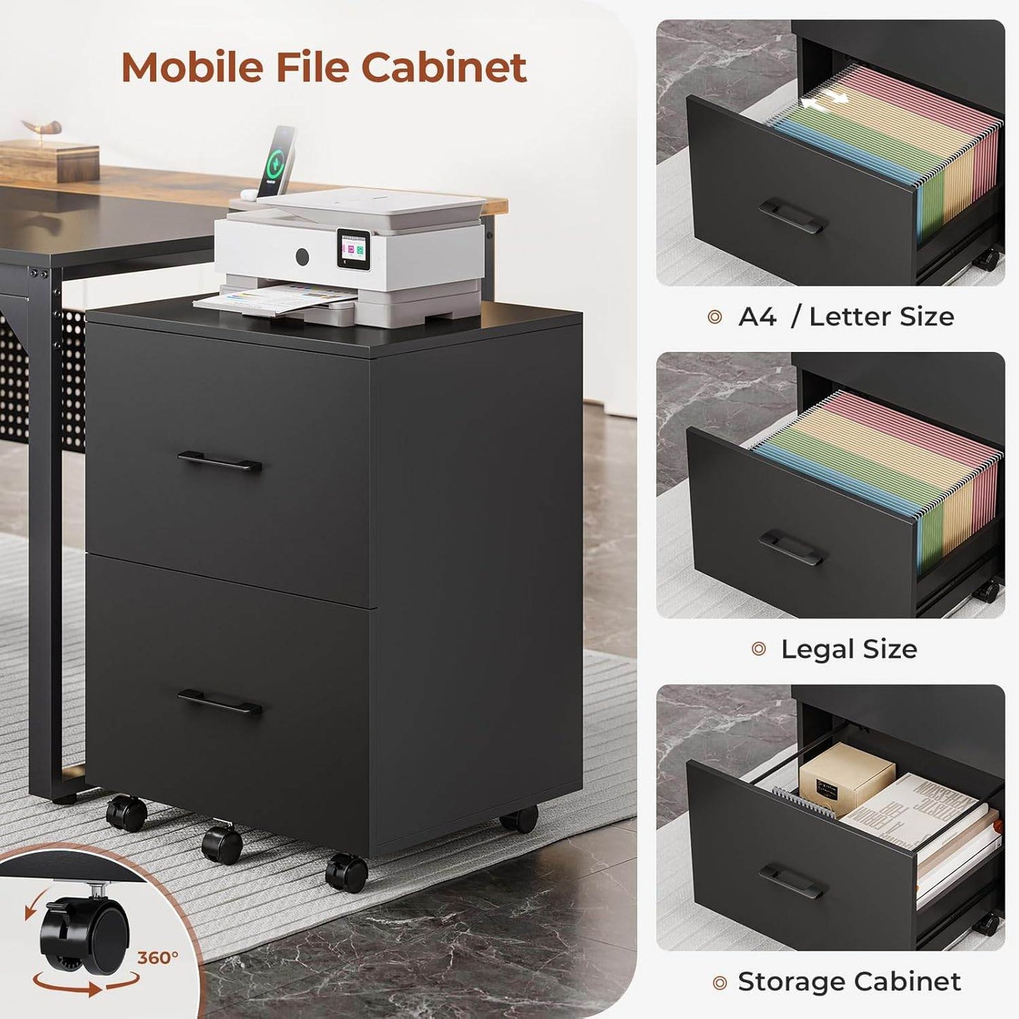 71 in Reversible L Shaped Executive Desk with Mobile File Cabinet and Power Outlets Brown