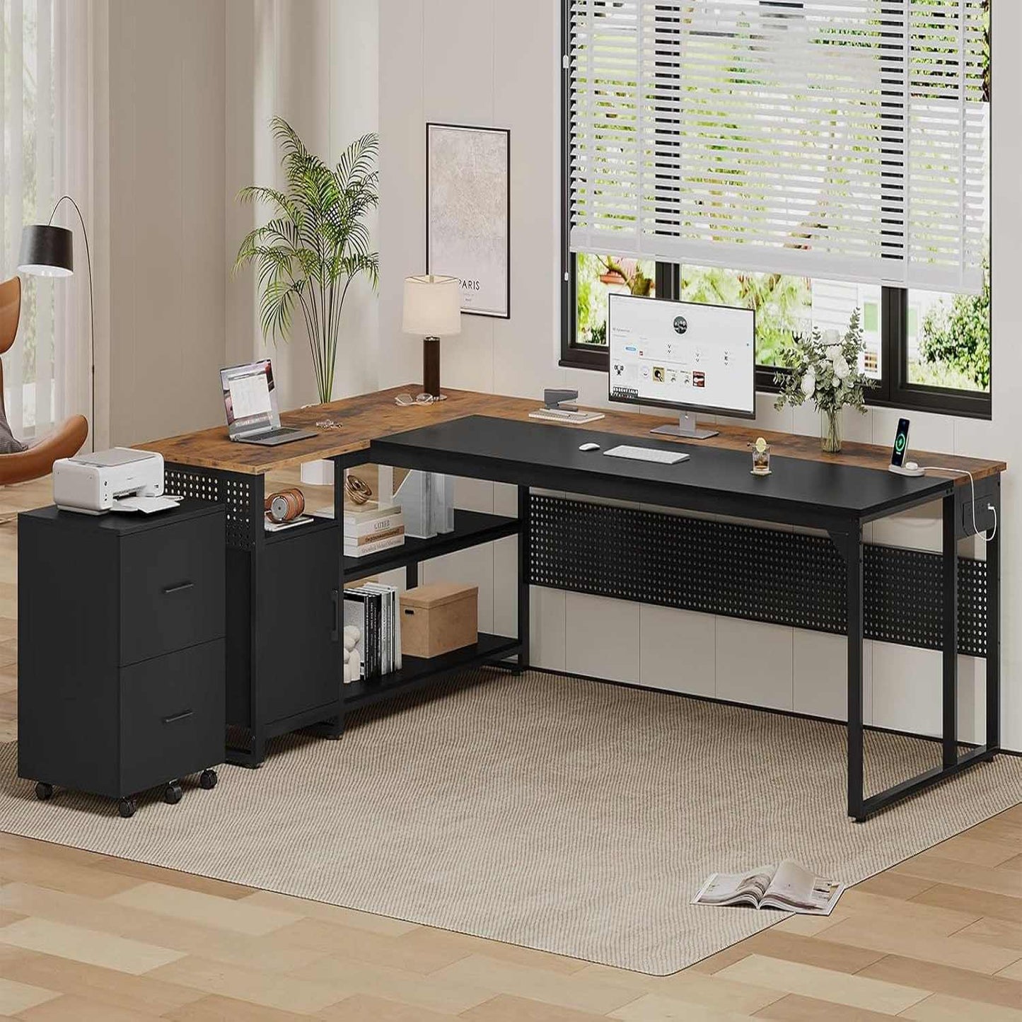 71 in Reversible L Shaped Executive Desk with Mobile File Cabinet and Power Outlets Brown