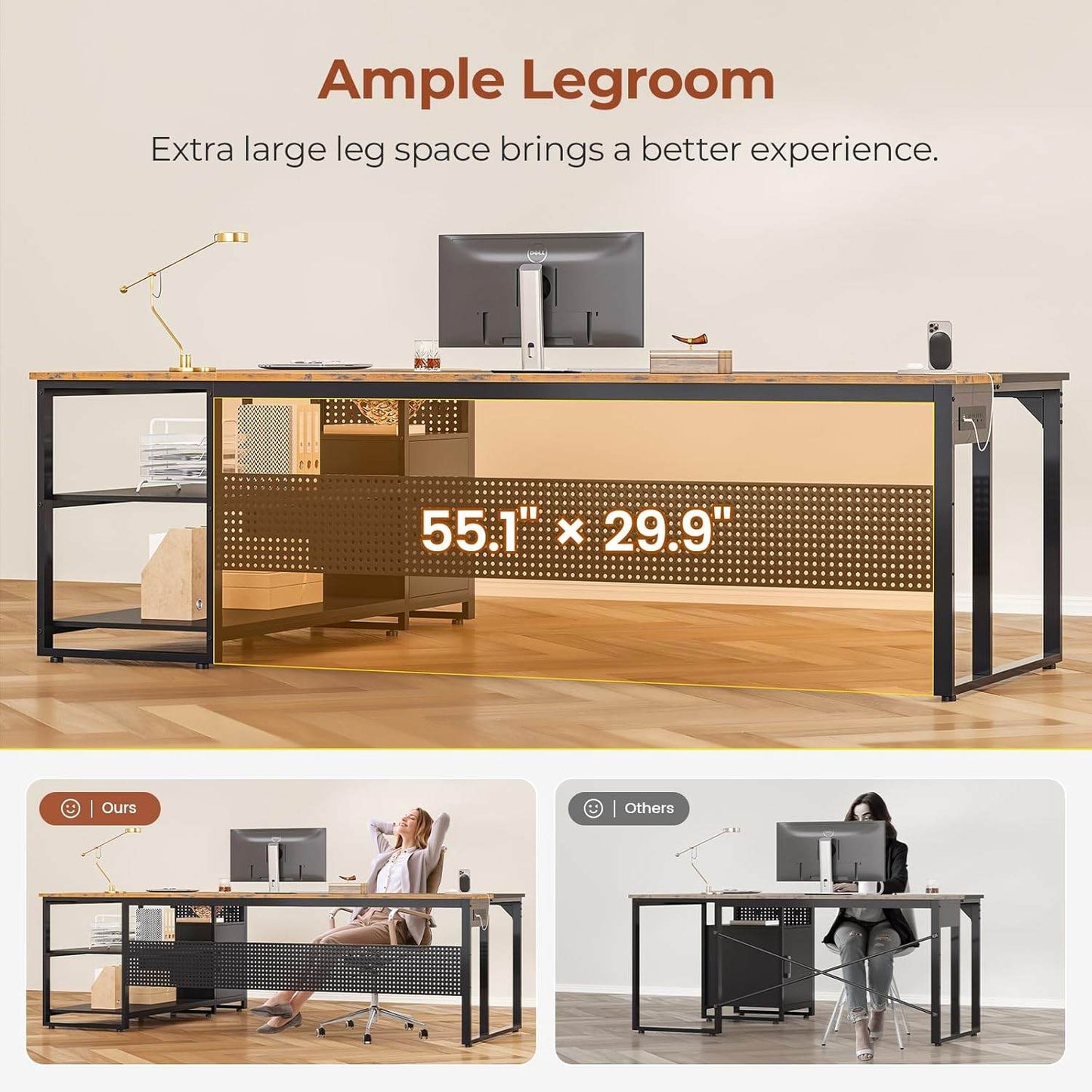 71 in Reversible L Shaped Executive Desk with Mobile File Cabinet and Power Outlets Brown