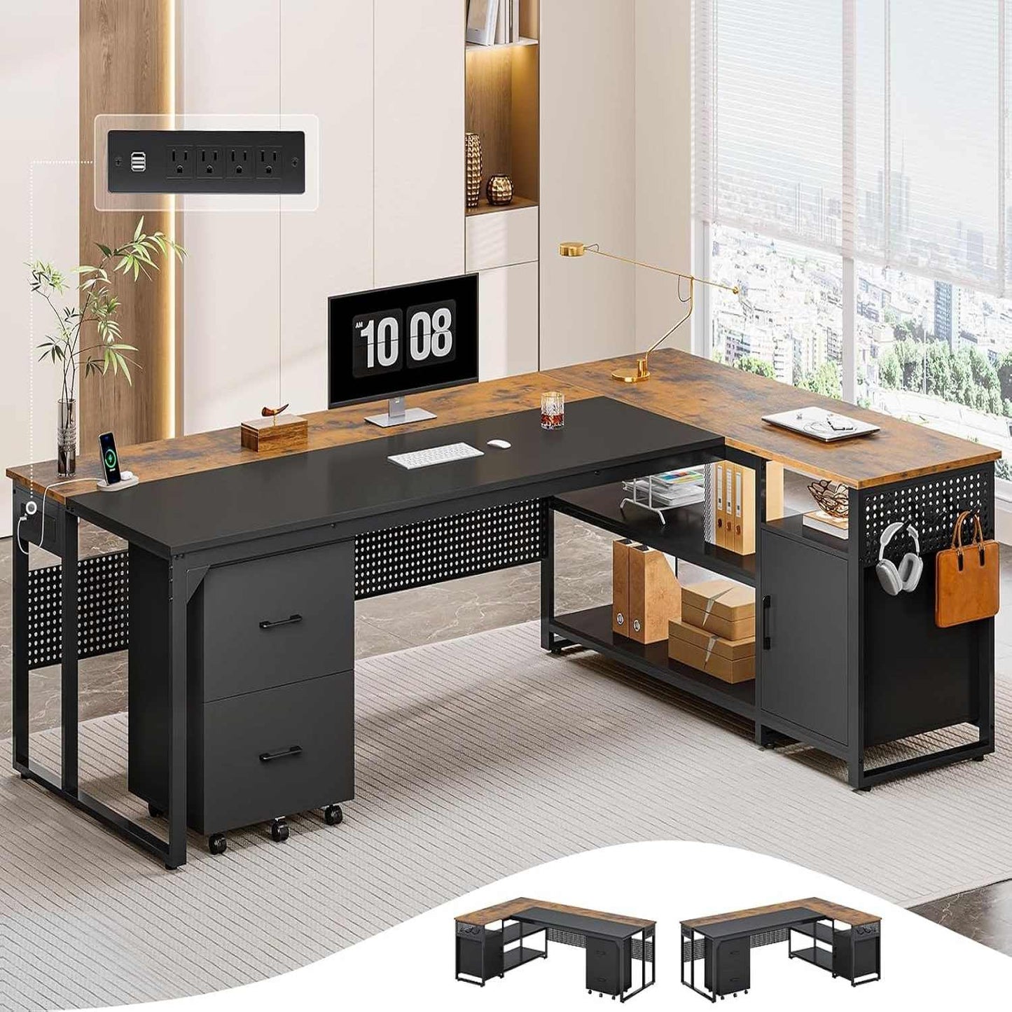 71 in Reversible L Shaped Executive Desk with Mobile File Cabinet and Power Outlets Brown