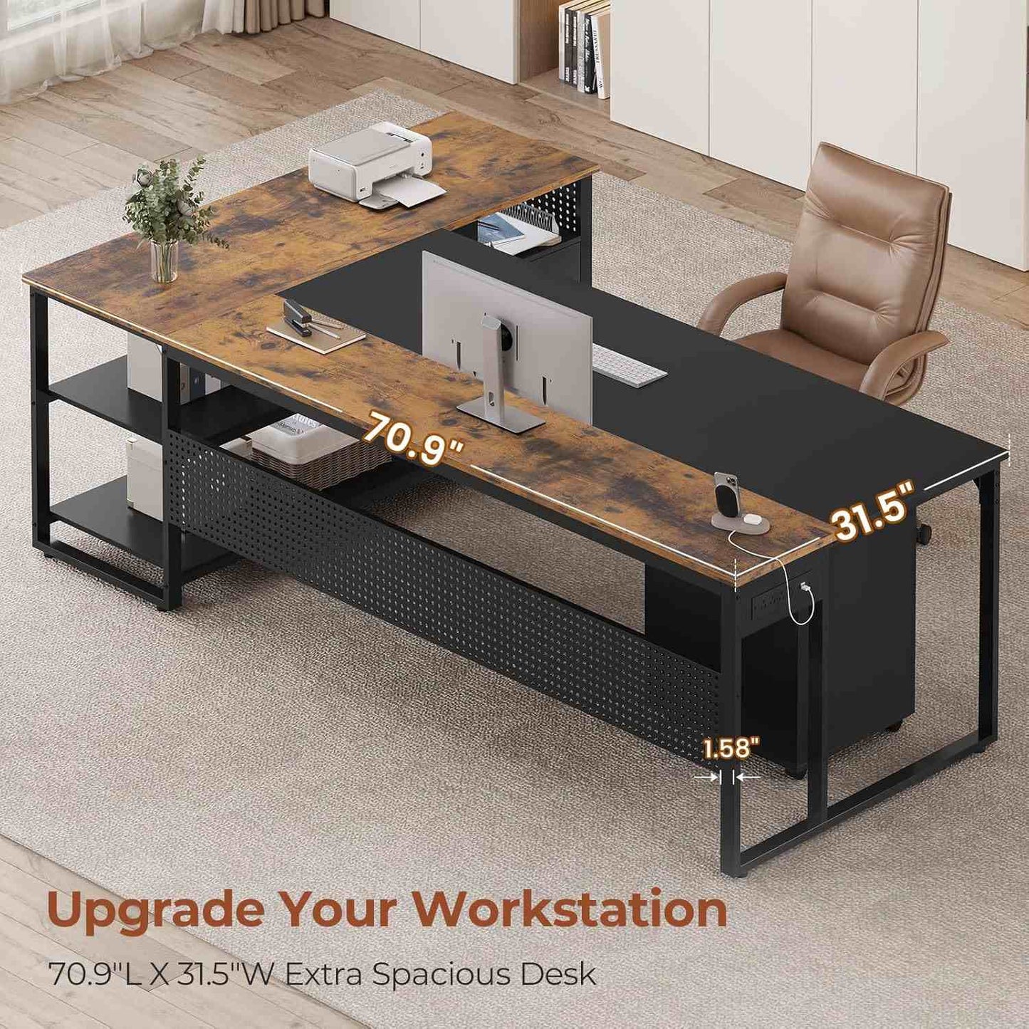71 in Reversible L Shaped Executive Desk with Mobile File Cabinet and Power Outlets Brown