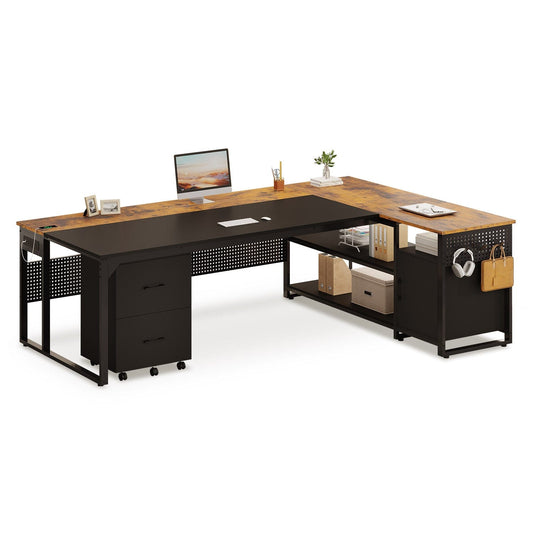 71 in Reversible L Shaped Executive Desk with Mobile File Cabinet and Power Outlets Brown