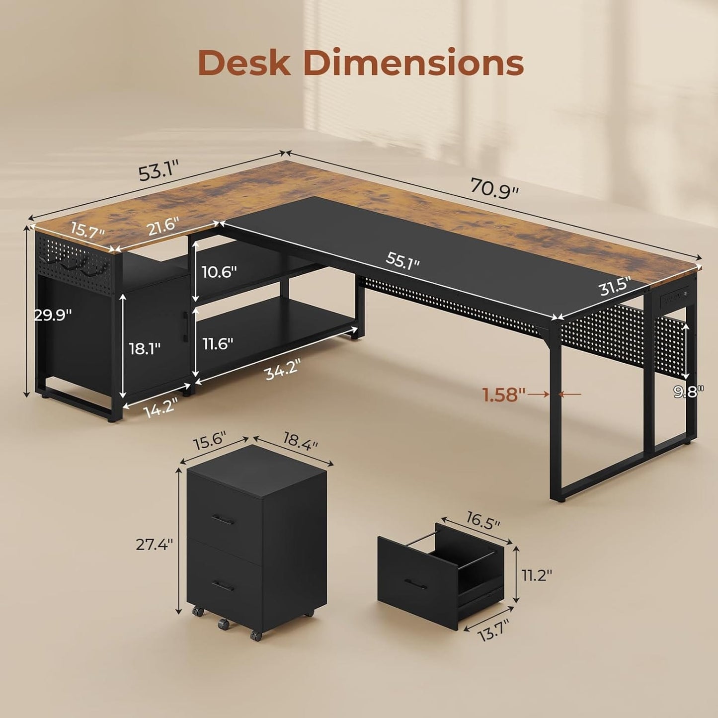 71 in Reversible L Shaped Executive Desk with Mobile File Cabinet and Power Outlets Brown