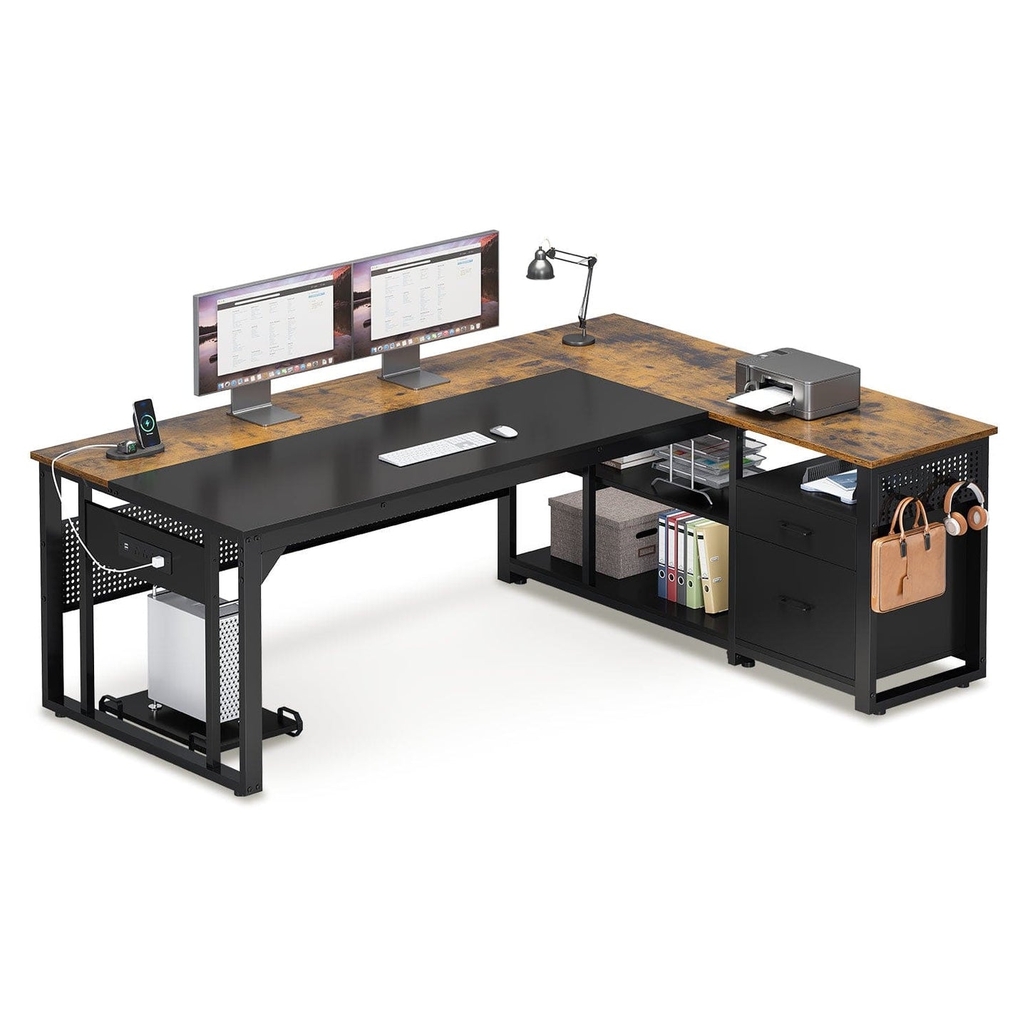 71 in Reversible L Shaped Executive Desk with Power Outlets Brown