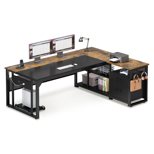 71 in Reversible L Shaped Executive Desk with Power Outlets Brown