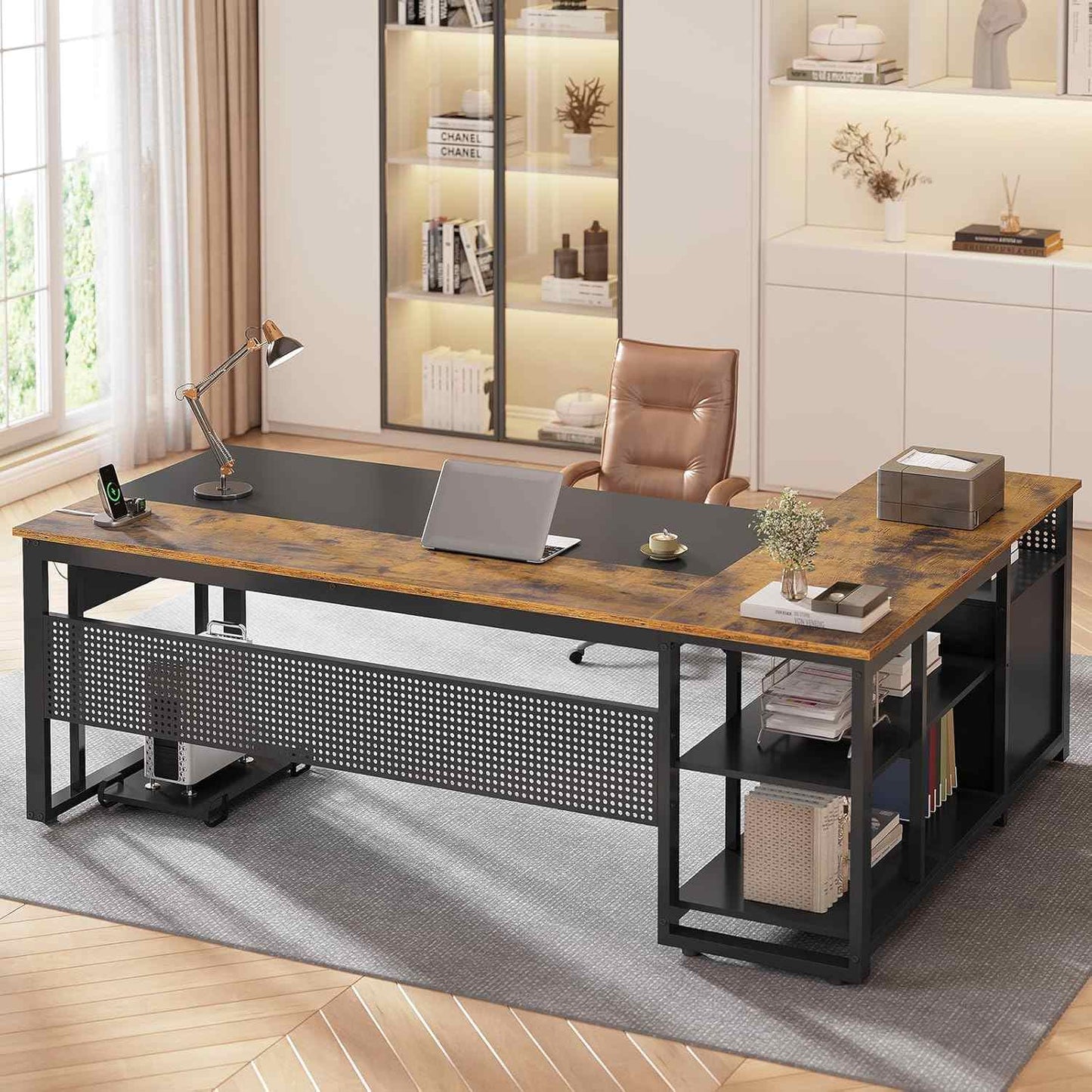 71 in Reversible L Shaped Executive Desk with Power Outlets Brown