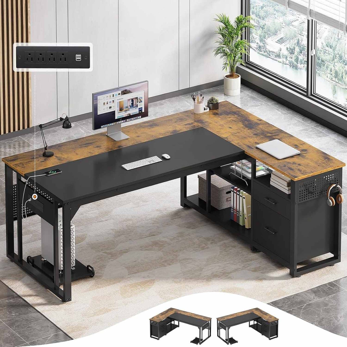 71 in Reversible L Shaped Executive Desk with Power Outlets Brown