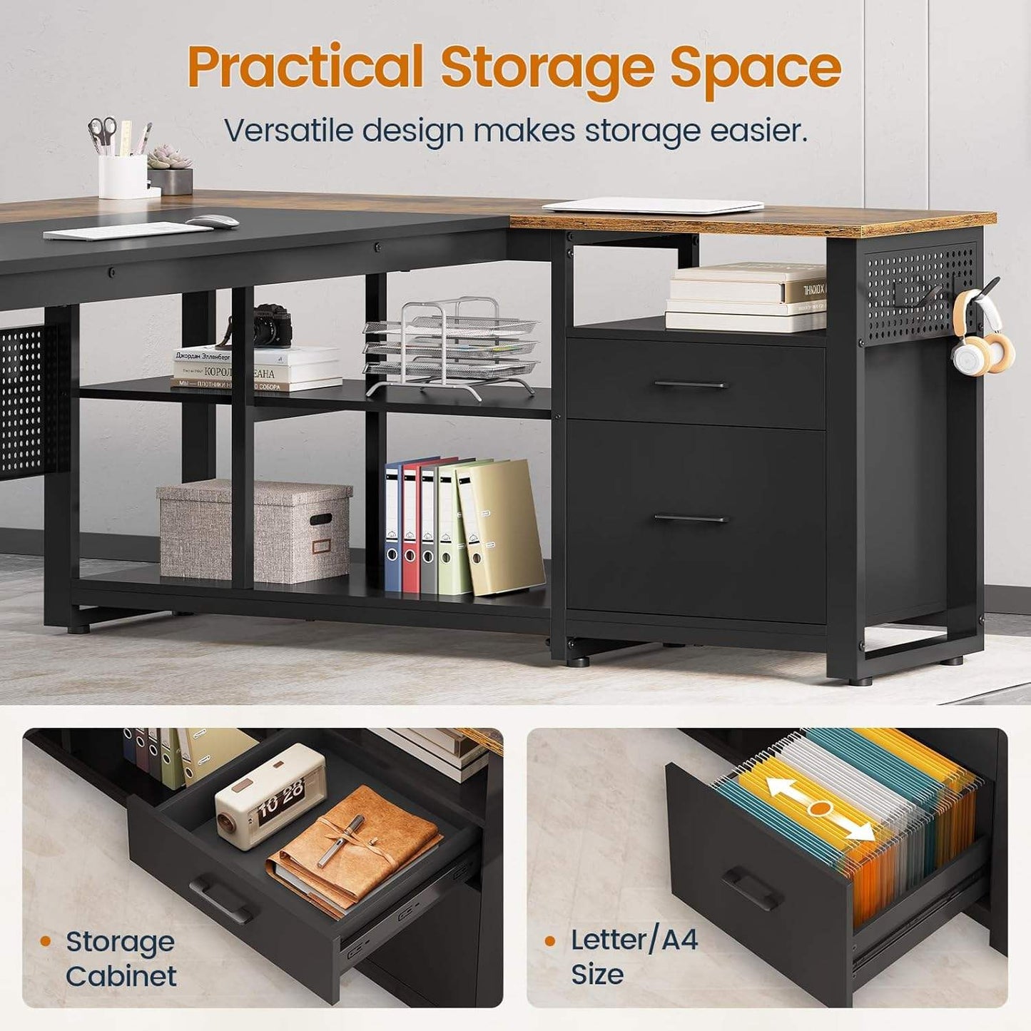 71 in Reversible L Shaped Executive Desk with Power Outlets Brown