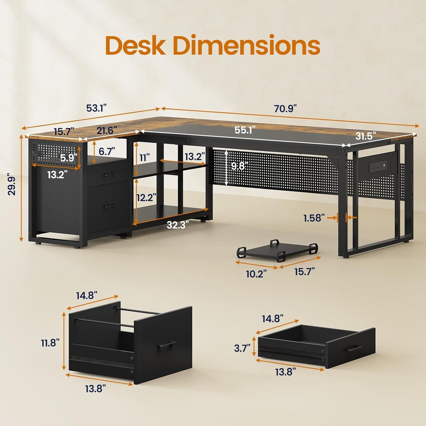 71 in Reversible L Shaped Executive Desk with Power Outlets Brown
