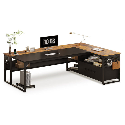 71 in Reversible L Shaped Executive Desk with Widen File Drawers and Power Outlets Brown