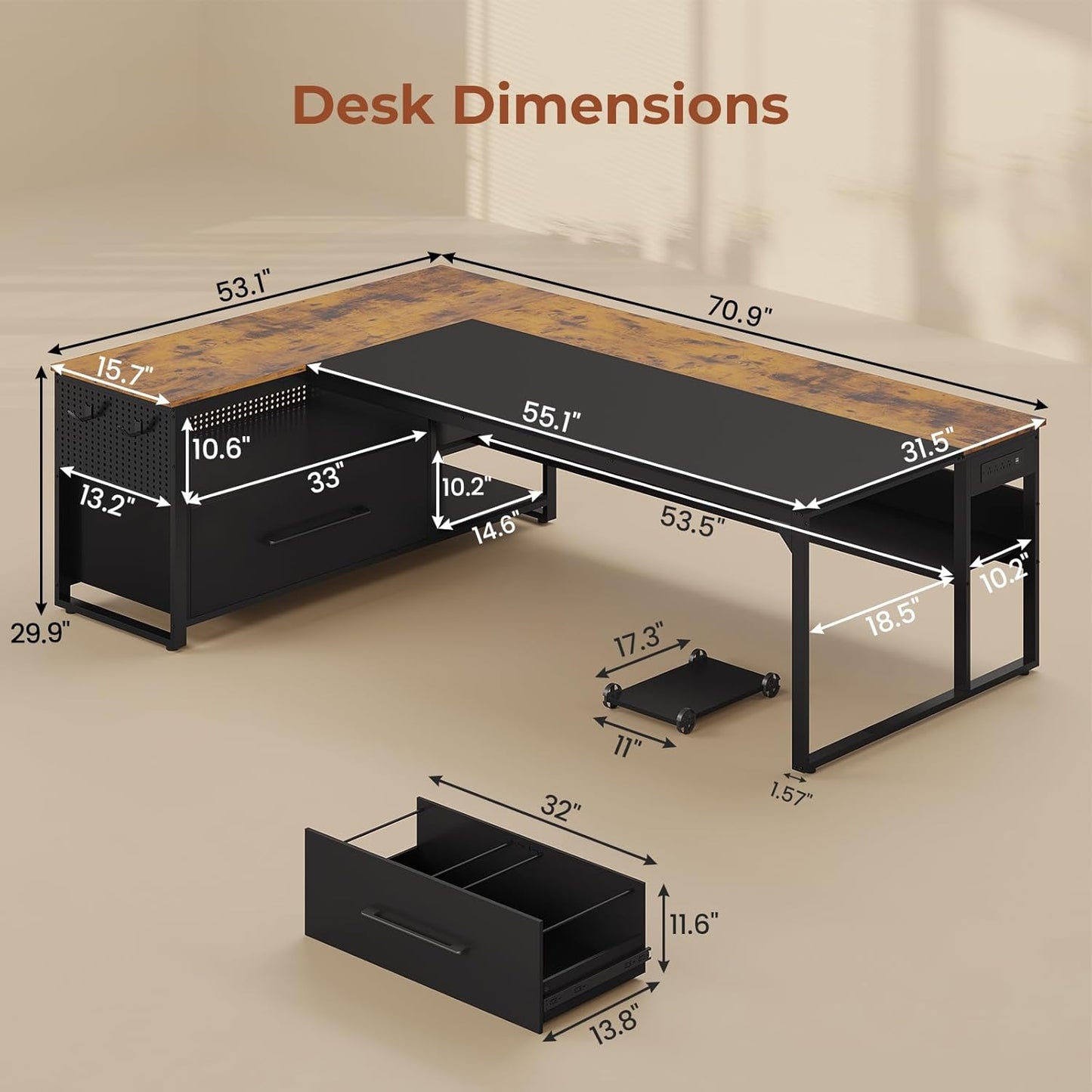 71 in Reversible L Shaped Executive Desk with Widen File Drawers and Power Outlets Brown