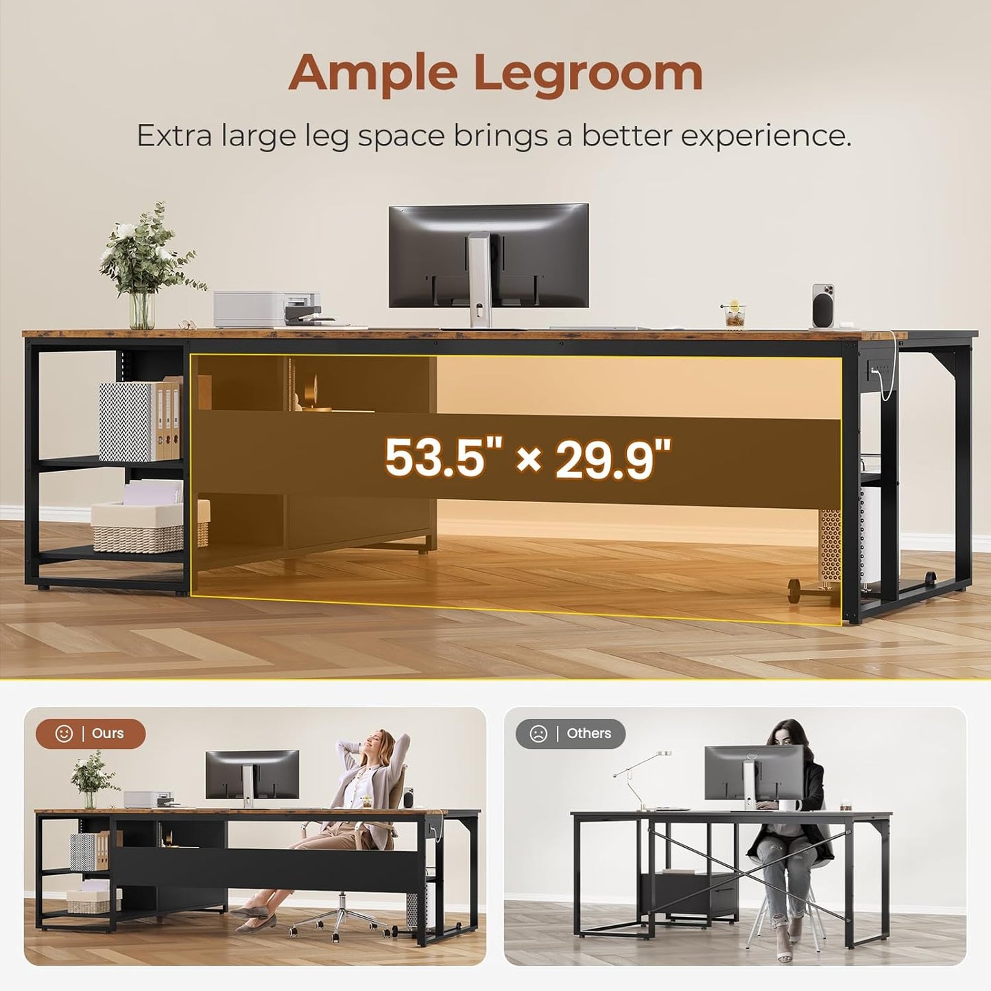 71 in Reversible L Shaped Executive Desk with Widen File Drawers and Power Outlets Brown