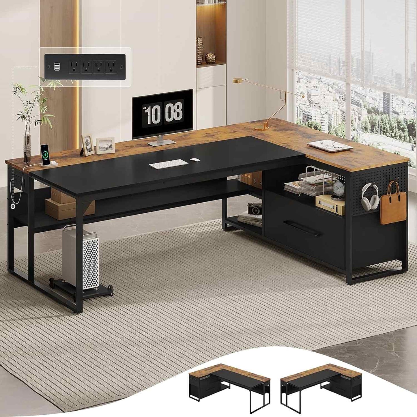 71 in Reversible L Shaped Executive Desk with Widen File Drawers and Power Outlets Brown