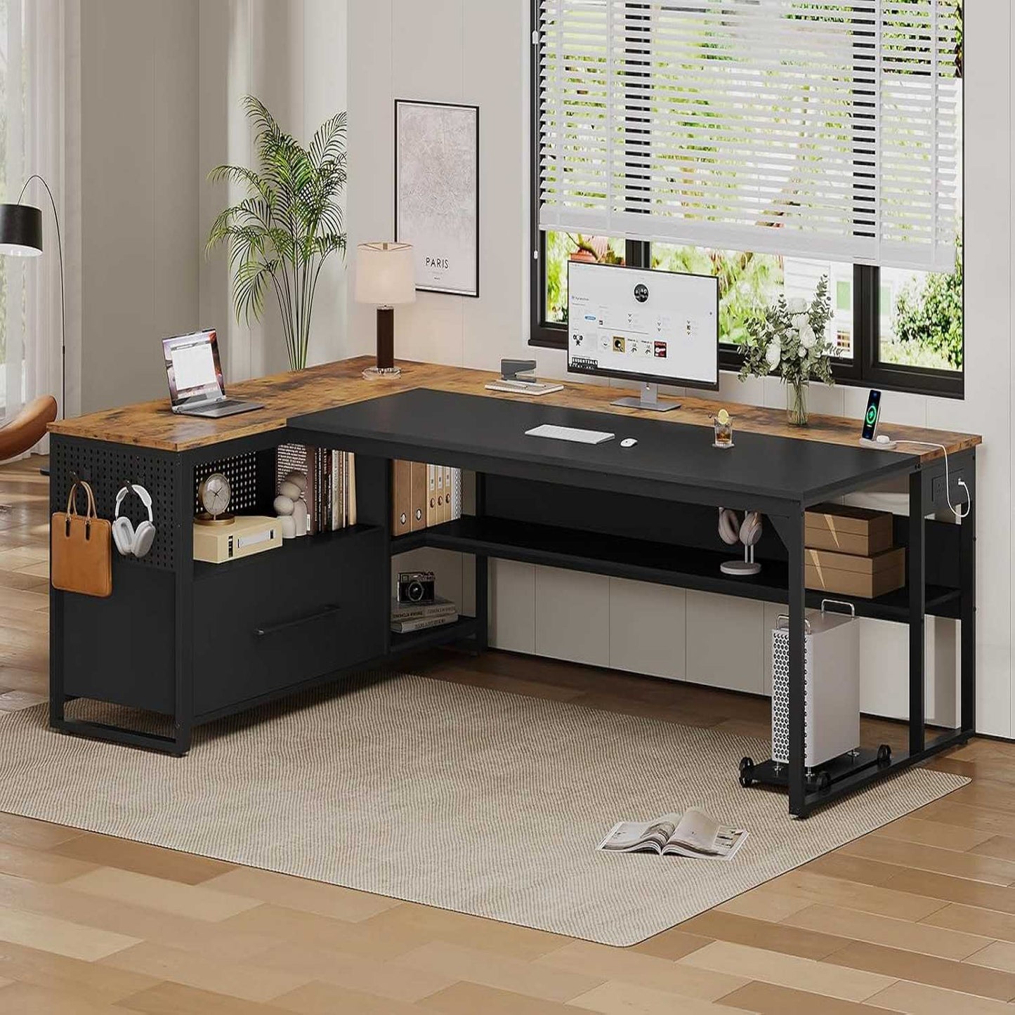 71 in Reversible L Shaped Executive Desk with Widen File Drawers and Power Outlets Brown