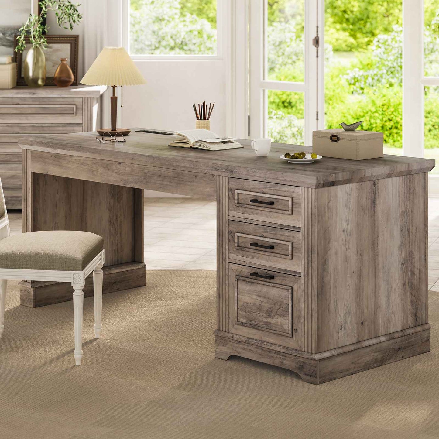 55 Inches Computer Desk with Power Outlet and 3 Storage Drawers Grey