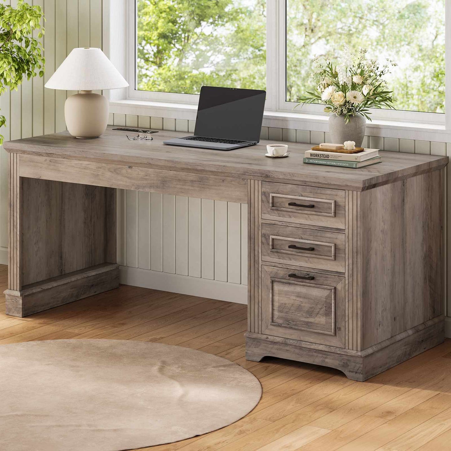 55 Inches Computer Desk with Power Outlet and 3 Storage Drawers Grey