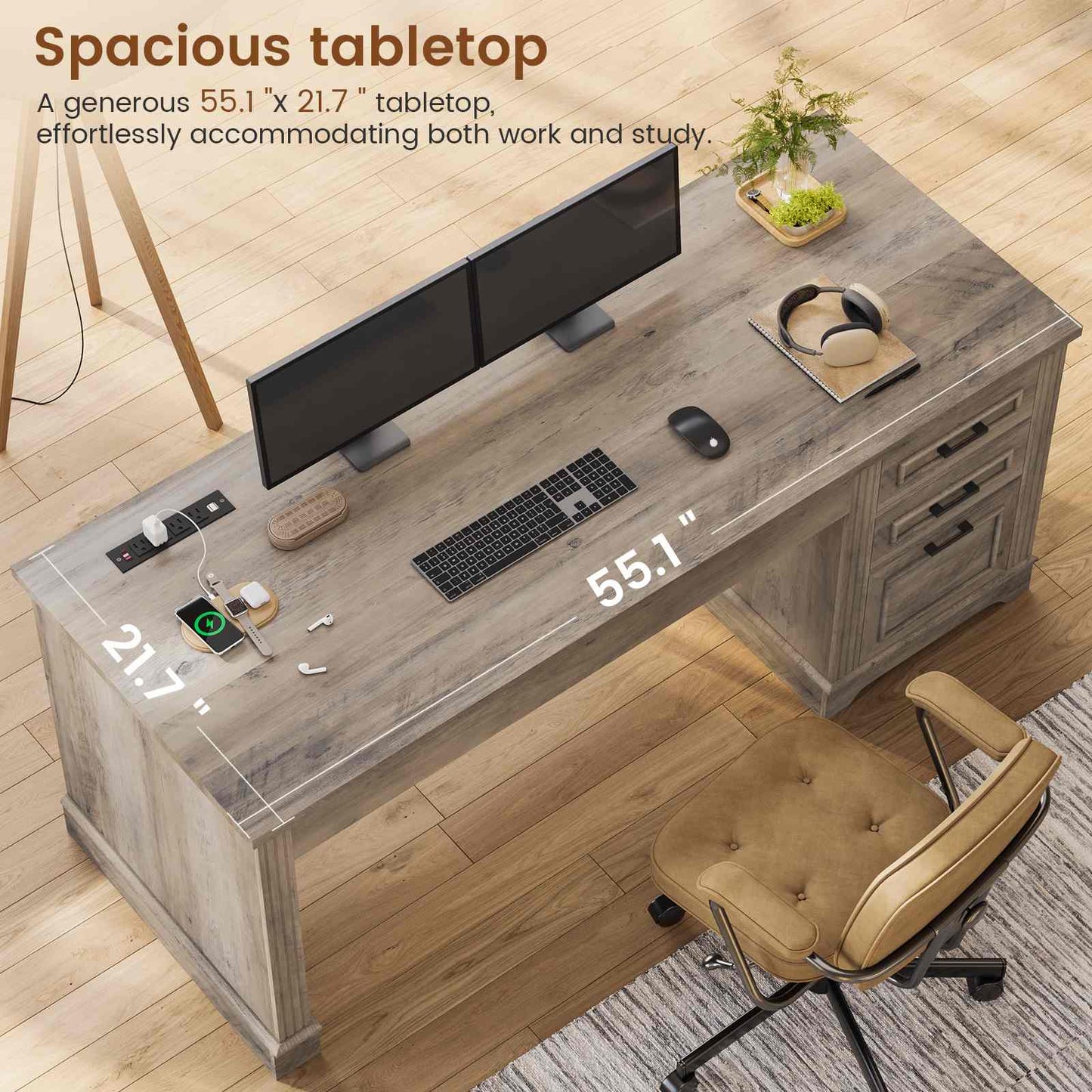 55 Inches Computer Desk with Power Outlet and 3 Storage Drawers Grey
