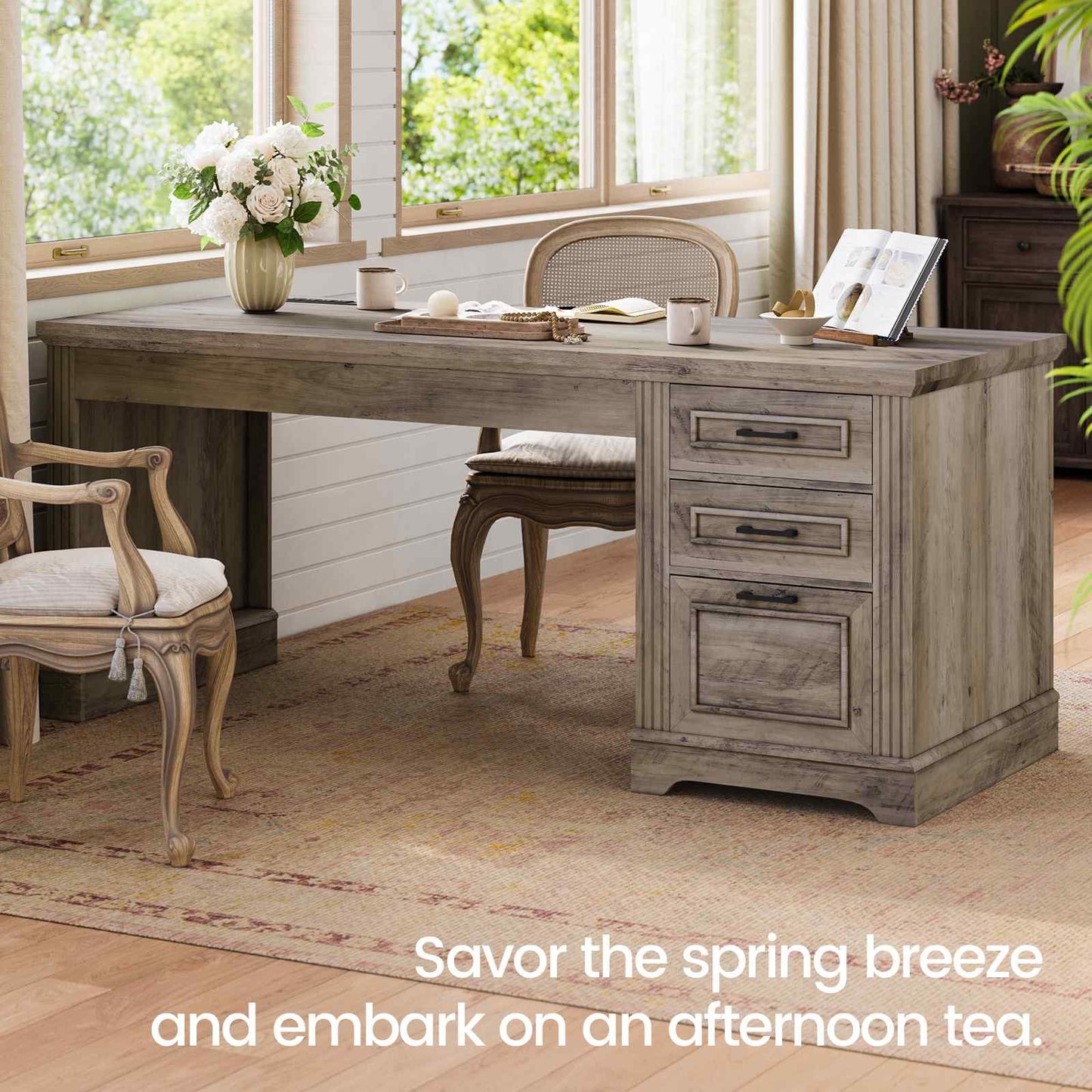 55 Inches Computer Desk with Power Outlet and 3 Storage Drawers Grey