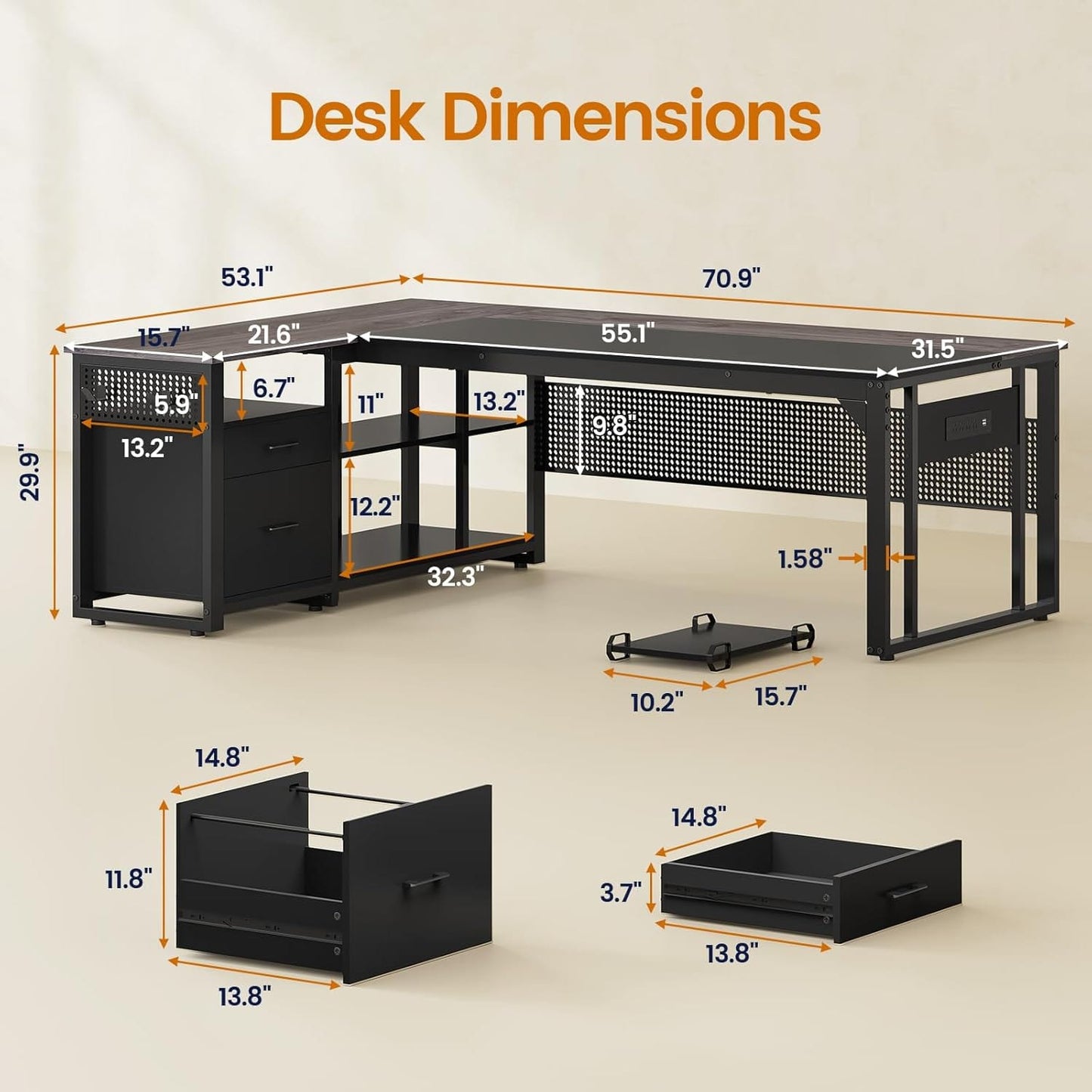 71 in Reversible L Shaped Executive Desk with Power Outlets Grey