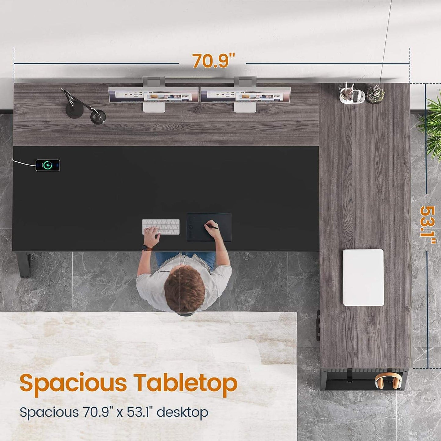 71 in Reversible L Shaped Executive Desk with Power Outlets Grey