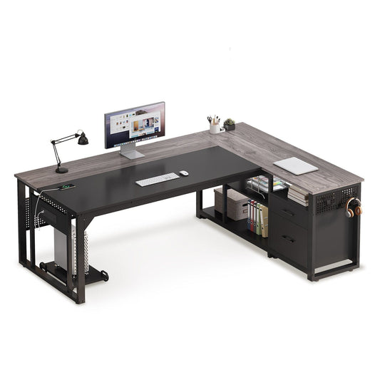 71 in Reversible L Shaped Executive Desk with Power Outlets Grey