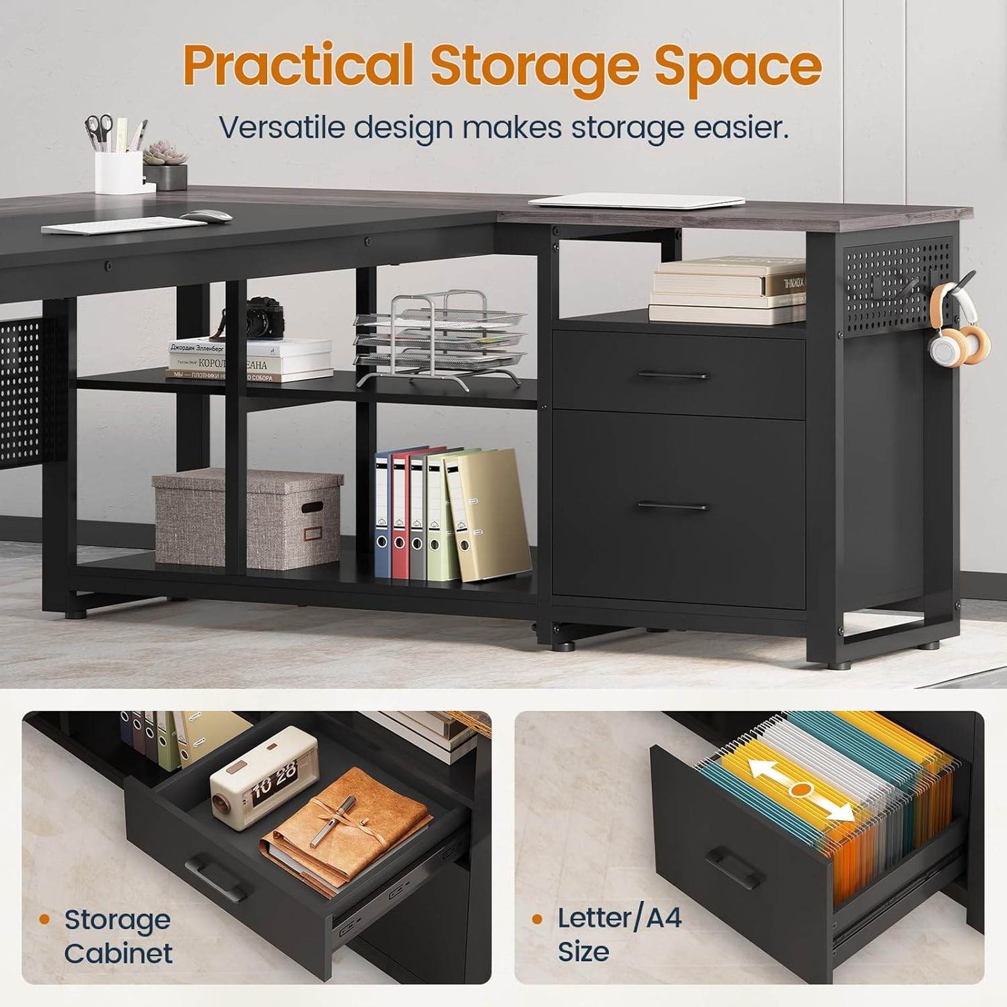 71 in Reversible L Shaped Executive Desk with Power Outlets Grey