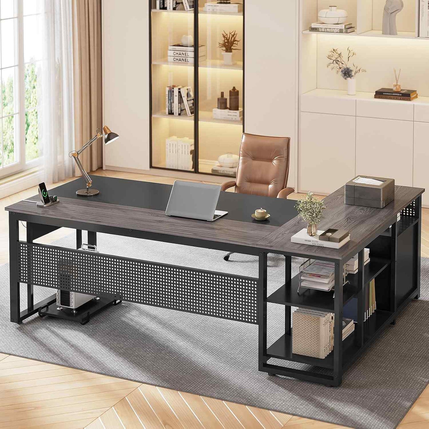 71 in Reversible L Shaped Executive Desk with Power Outlets Grey