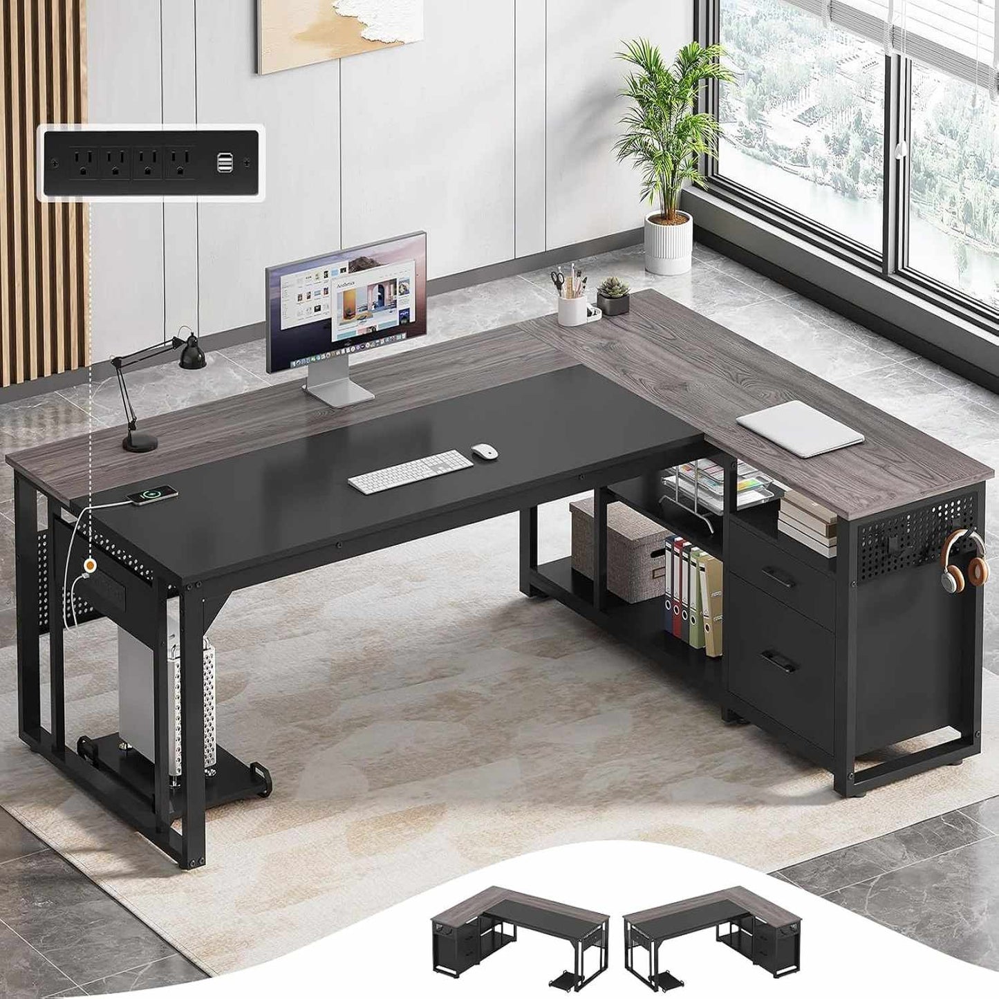 71 in Reversible L Shaped Executive Desk with Power Outlets Grey